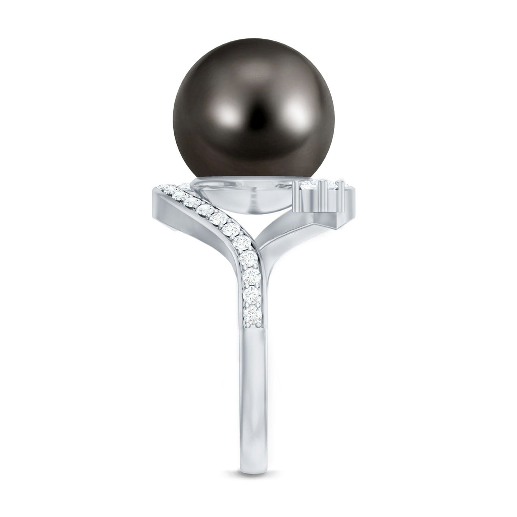 Tahitian Black Pearl Art Deco Engagement Ring with Diamond