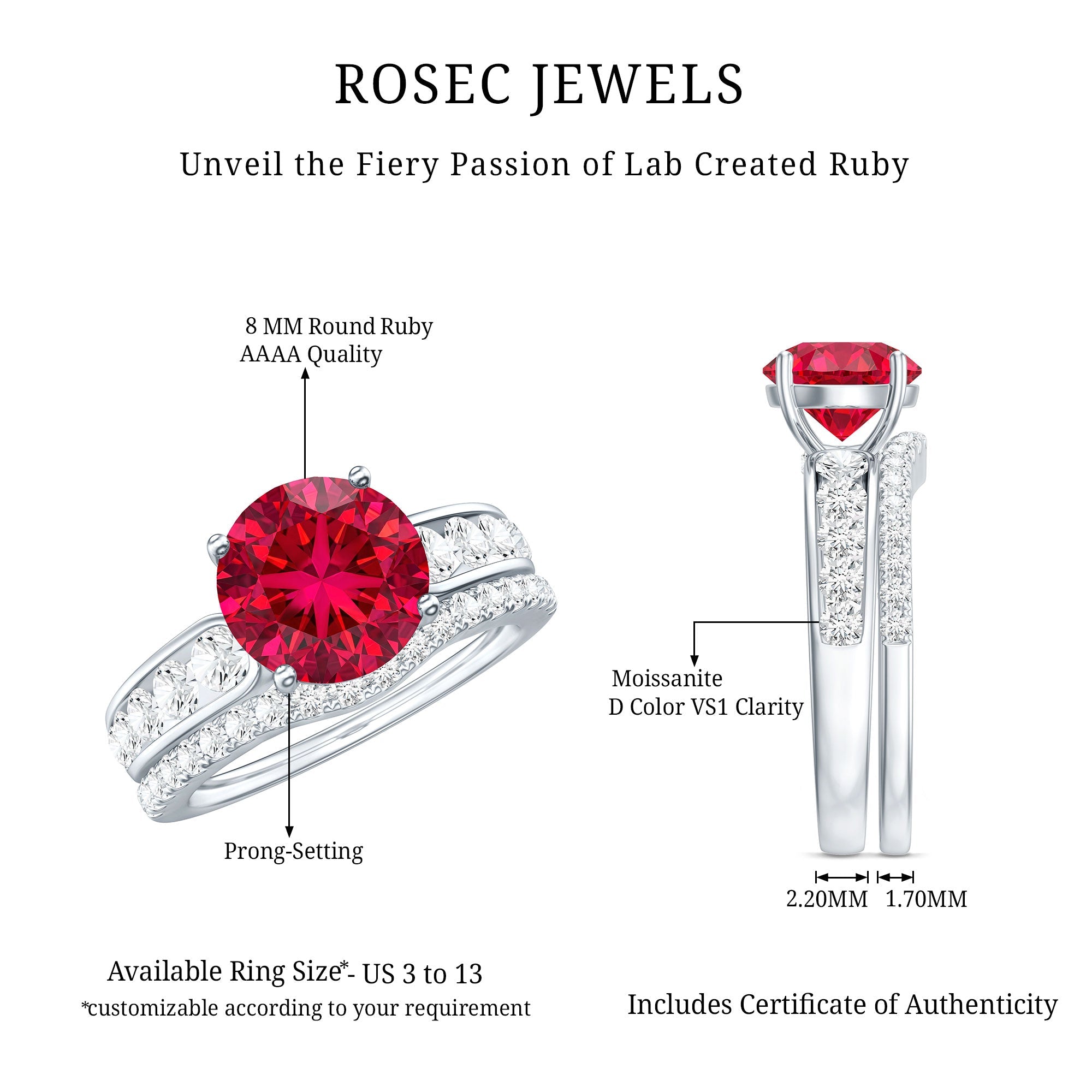 Certified Lab Grown Ruby and Moissanite Wedding Ring Set For Her