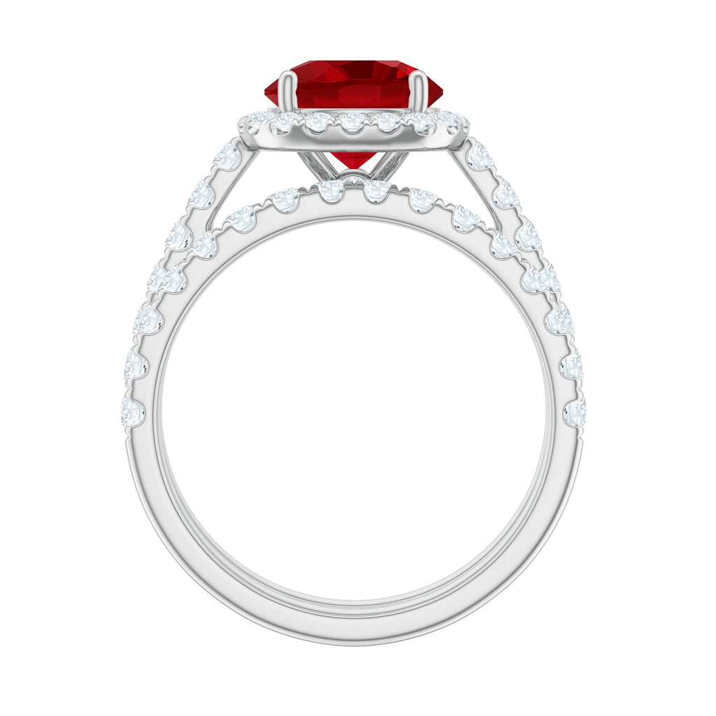 Lab Created Ruby Halo Engagement Ring with Moissanite Enhancer Ring
