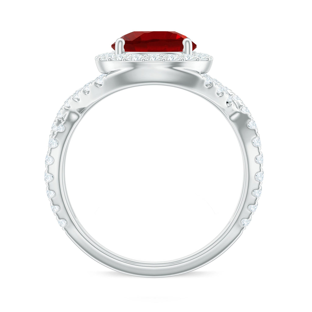 Lab Created Ruby Criss Cross Engagement Ring with Moissanite Halo