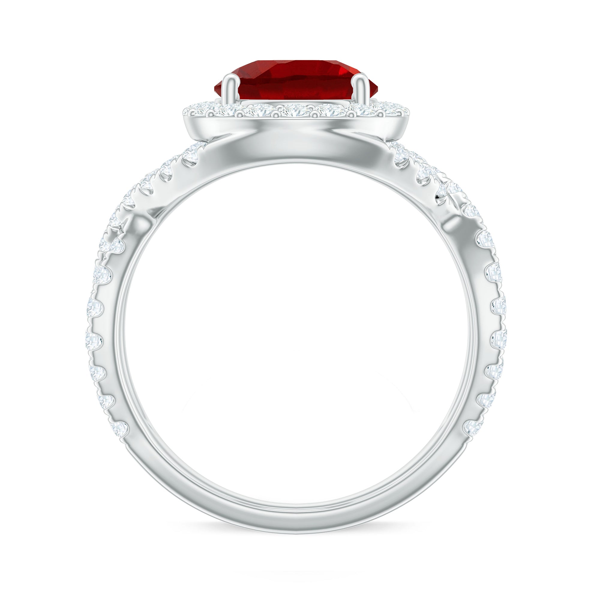 Lab Created Ruby Criss Cross Engagement Ring with Moissanite Halo