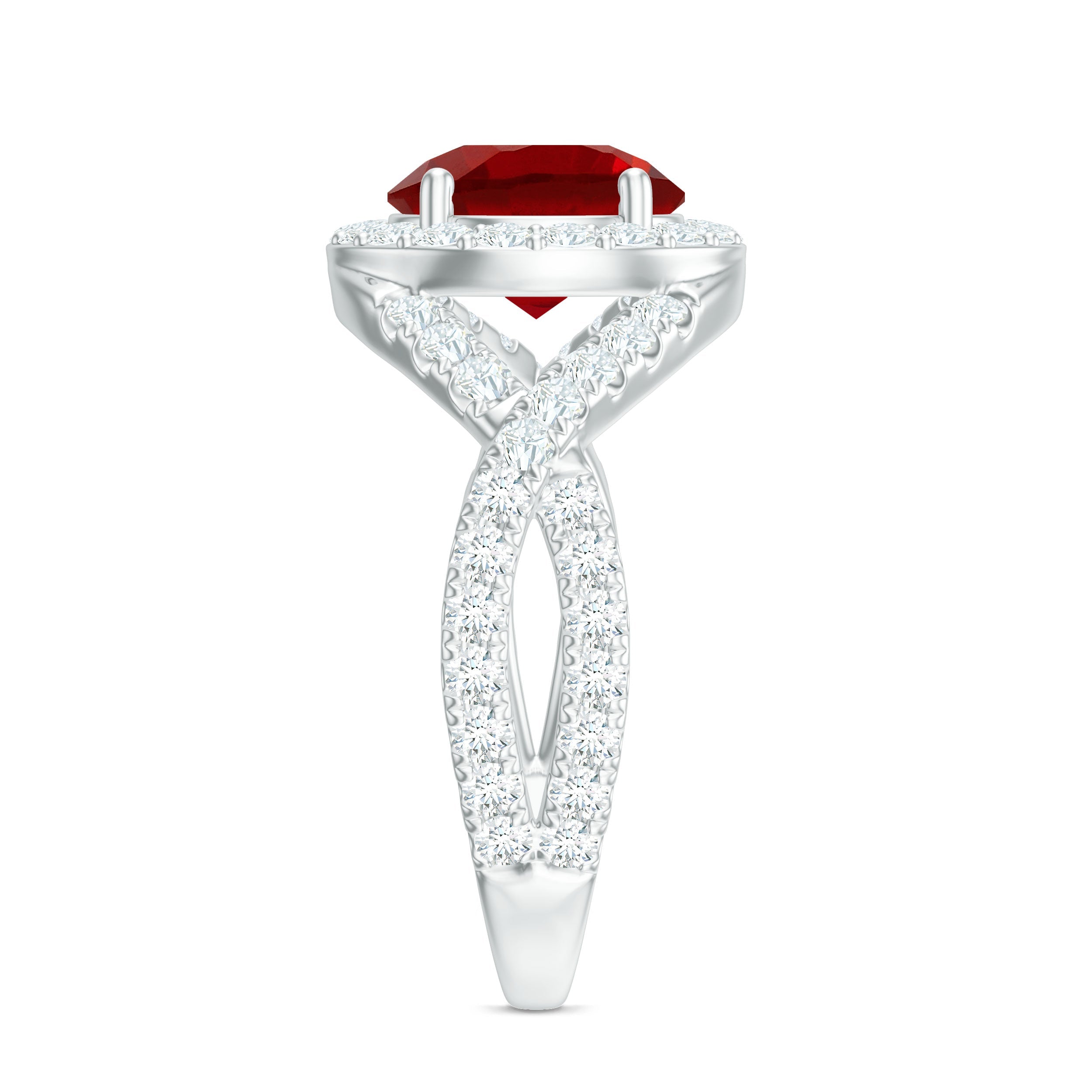 Lab Created Ruby Criss Cross Engagement Ring with Moissanite Halo