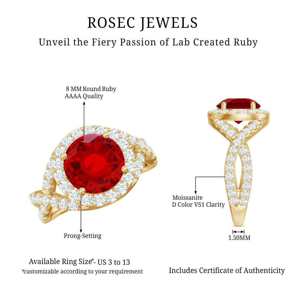 Lab Created Ruby Criss Cross Engagement Ring with Moissanite Halo