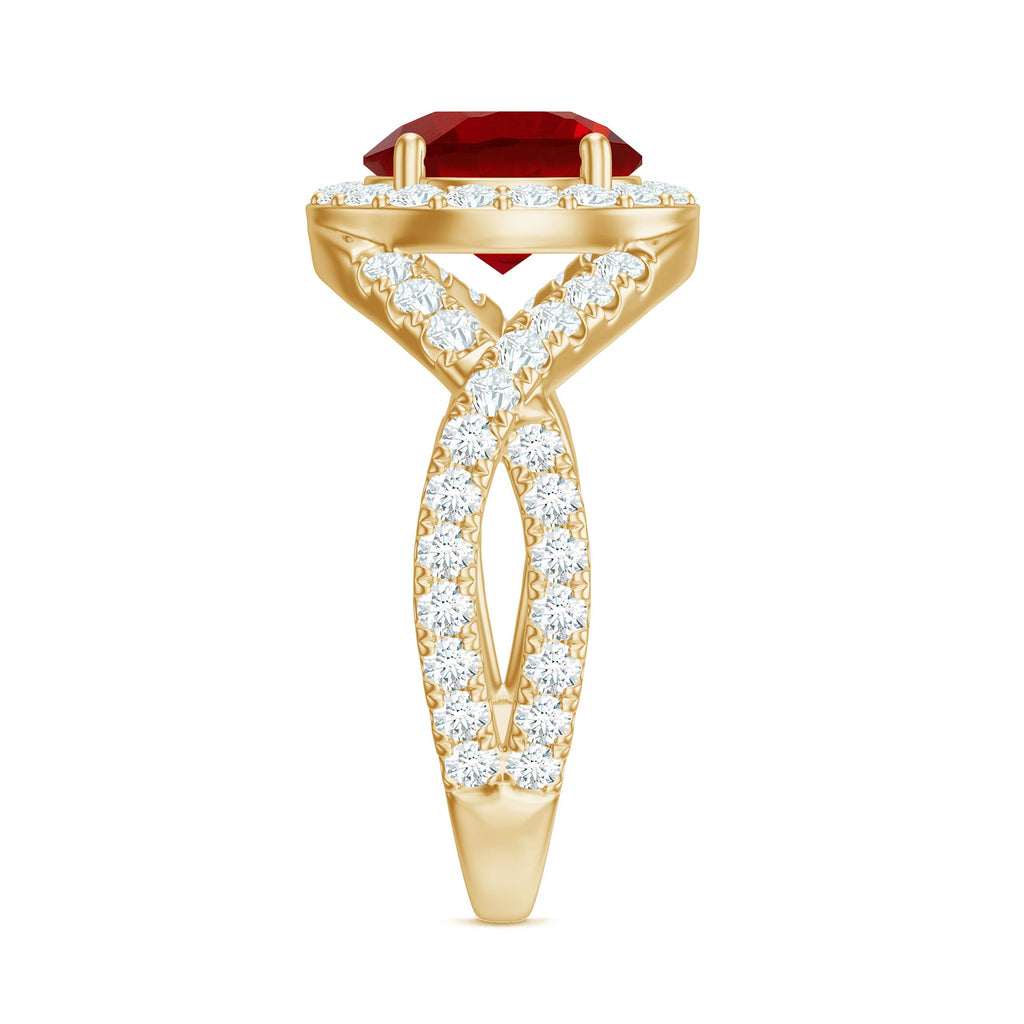 Lab Created Ruby Criss Cross Engagement Ring with Moissanite Halo