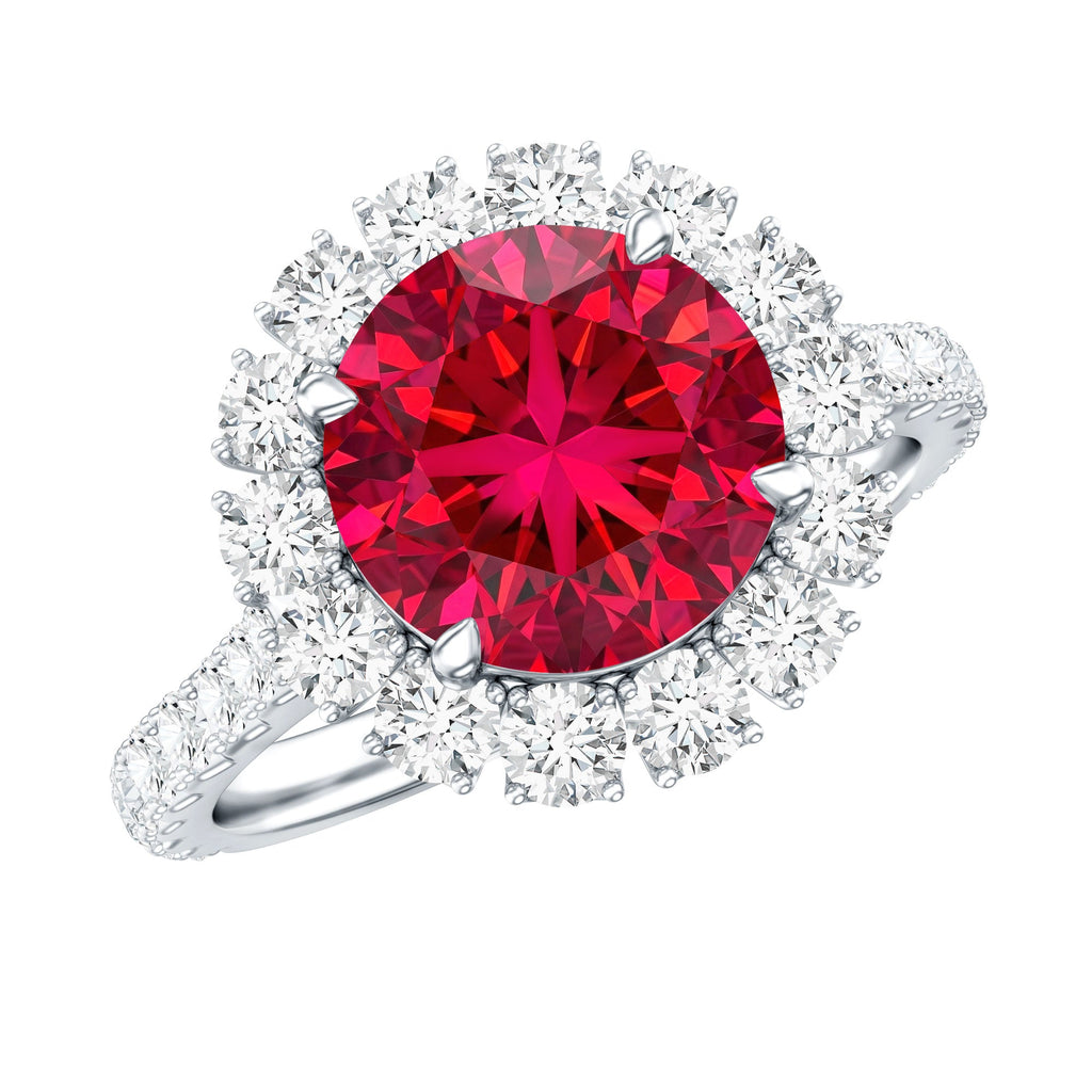 Round Lab Created Ruby and Moissanite Halo Engagement Ring