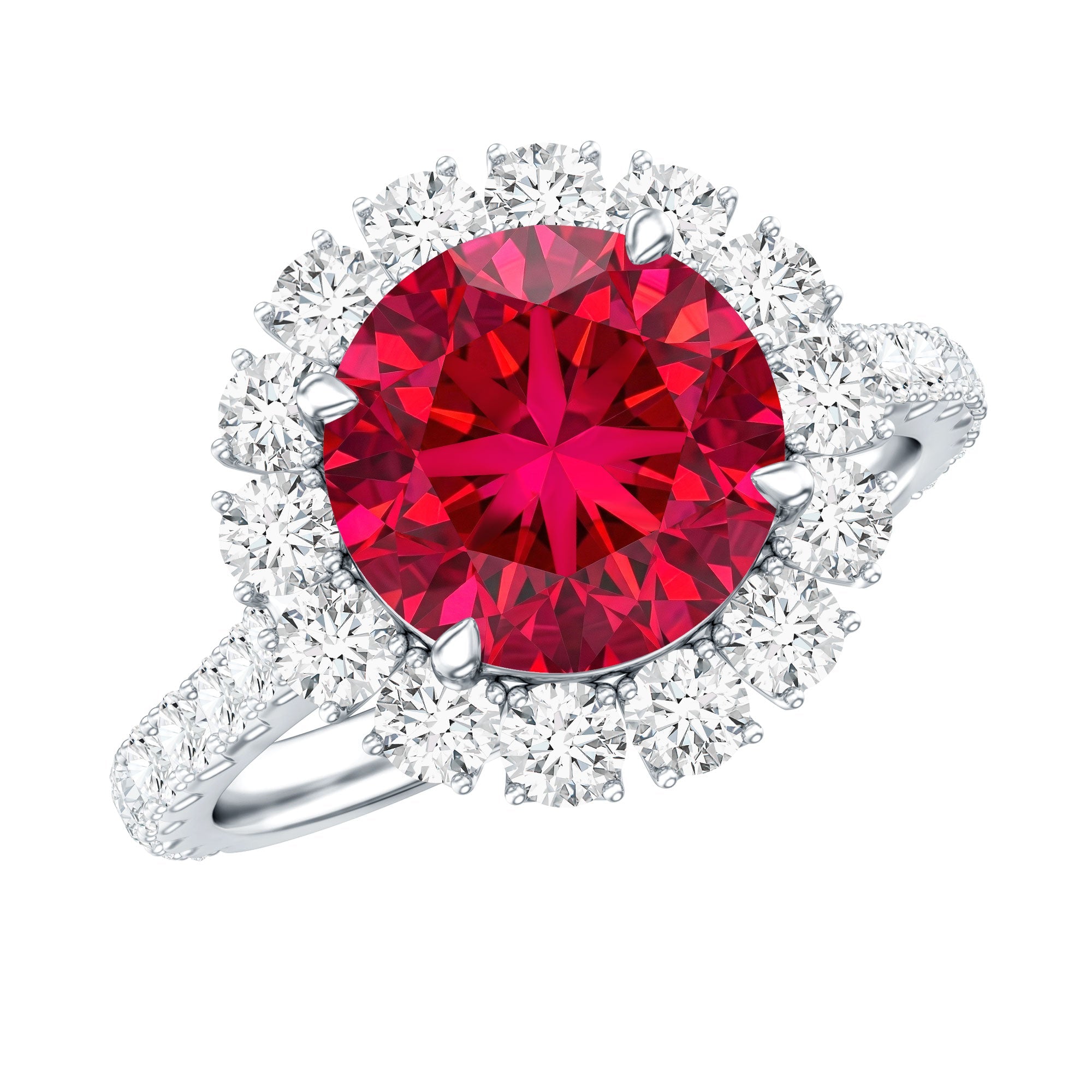 Round Lab Created Ruby and Moissanite Halo Engagement Ring