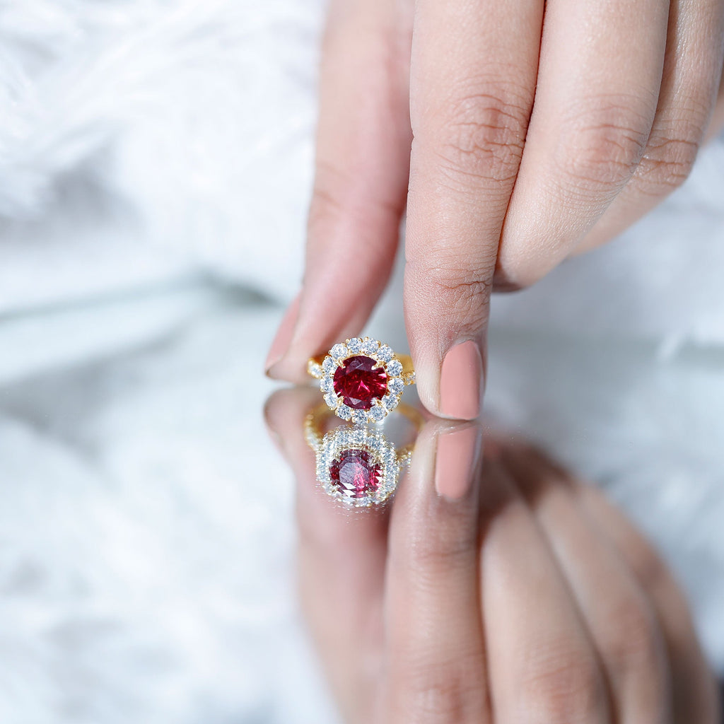Round Lab Created Ruby and Moissanite Halo Engagement Ring