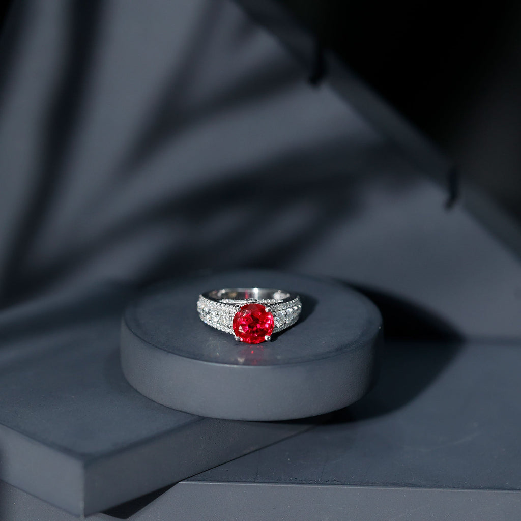Created Ruby Statement Engagement Ring with Moissanite Side Stones