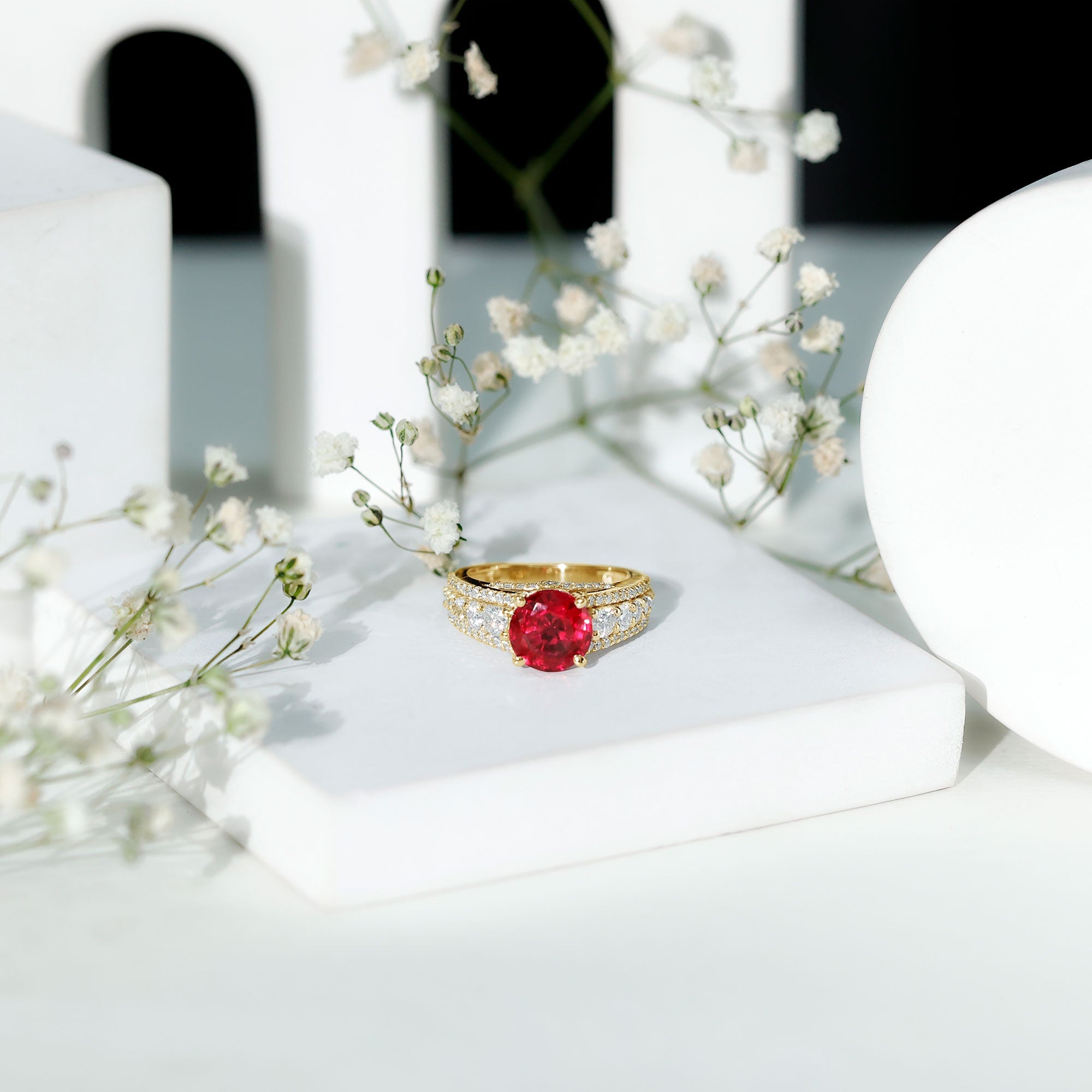 Created Ruby Statement Engagement Ring with Moissanite Side Stones