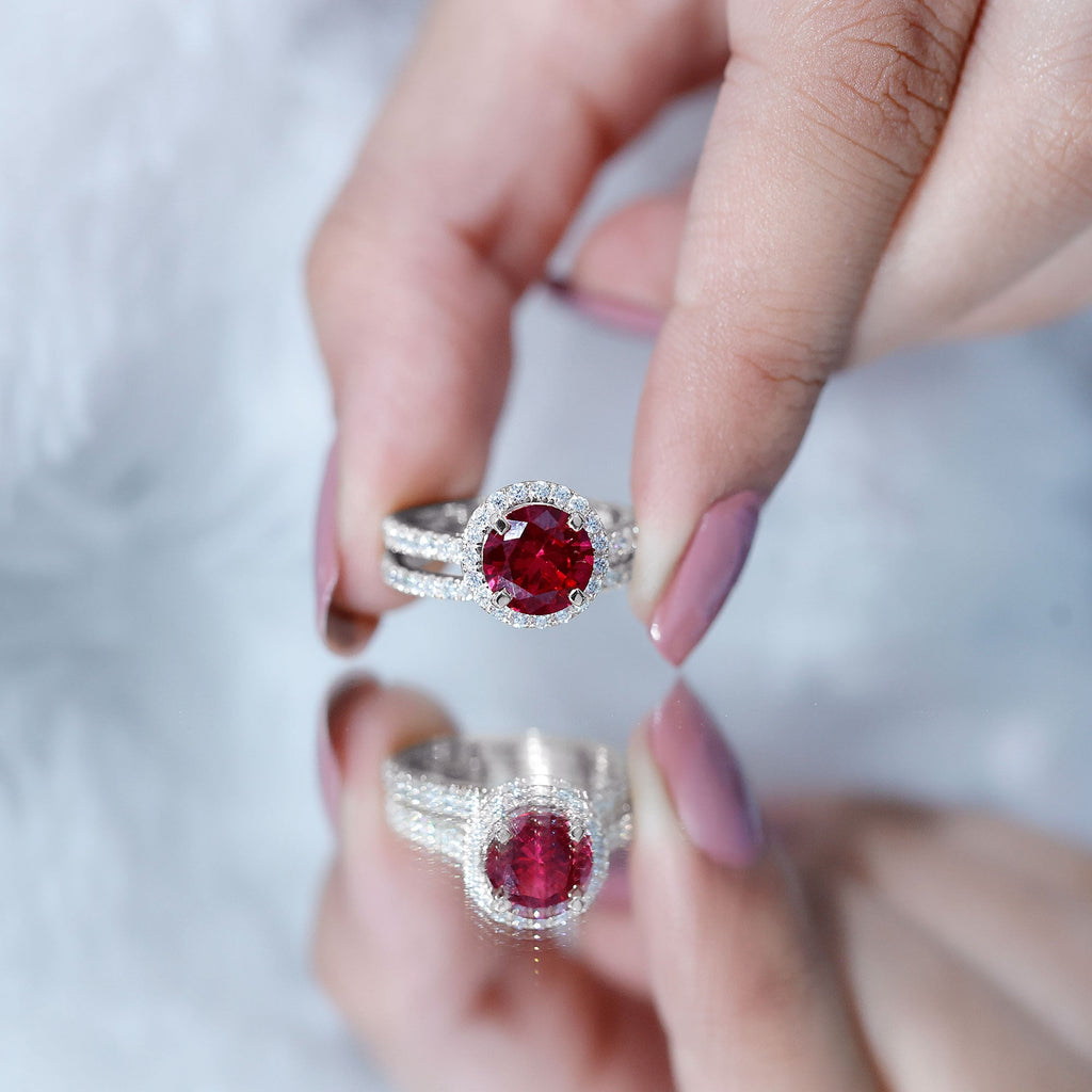 Lab Created Ruby Halo Wedding Ring Set with Moissanite