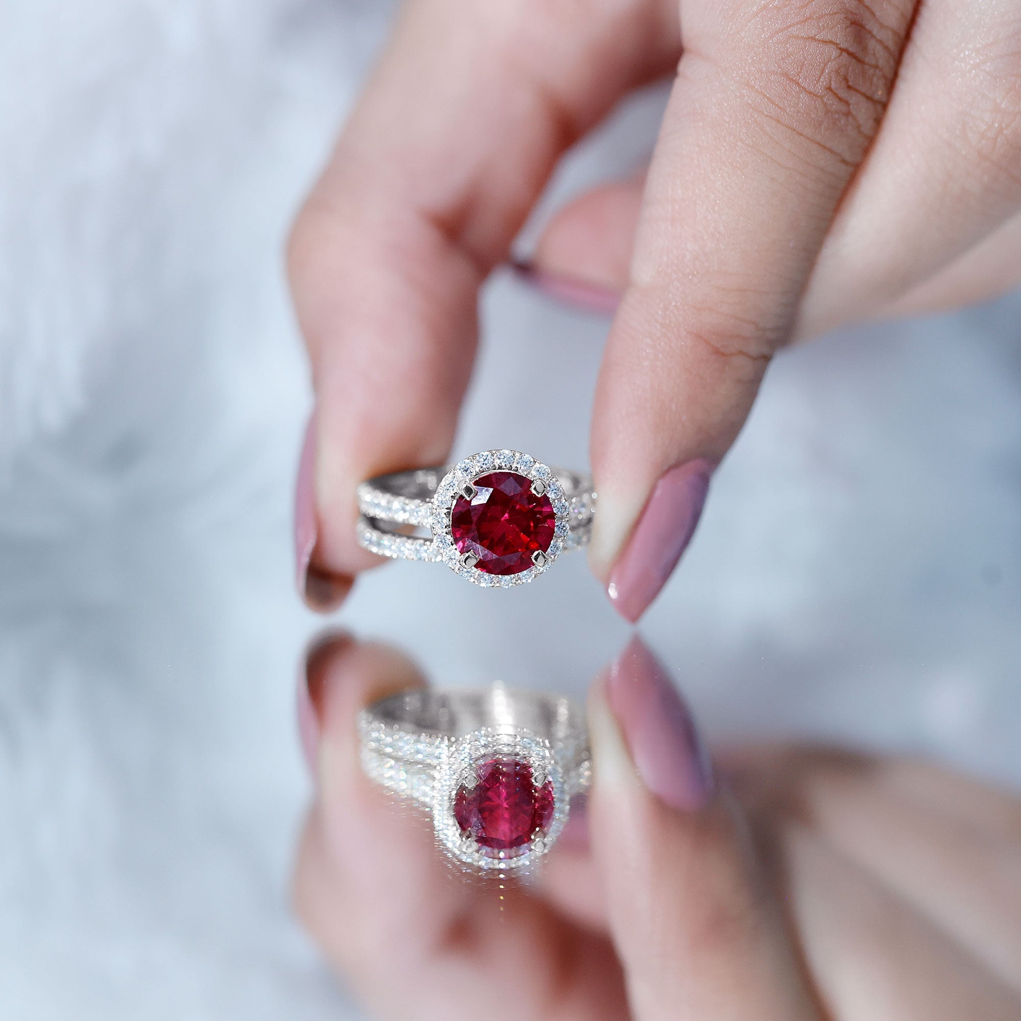 Lab Created Ruby Halo Wedding Ring Set with Moissanite
