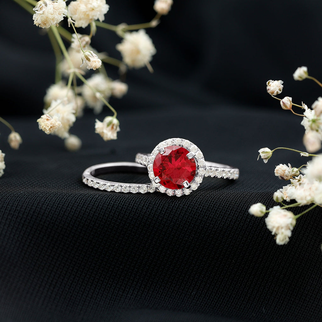 Lab Created Ruby Halo Wedding Ring Set with Moissanite