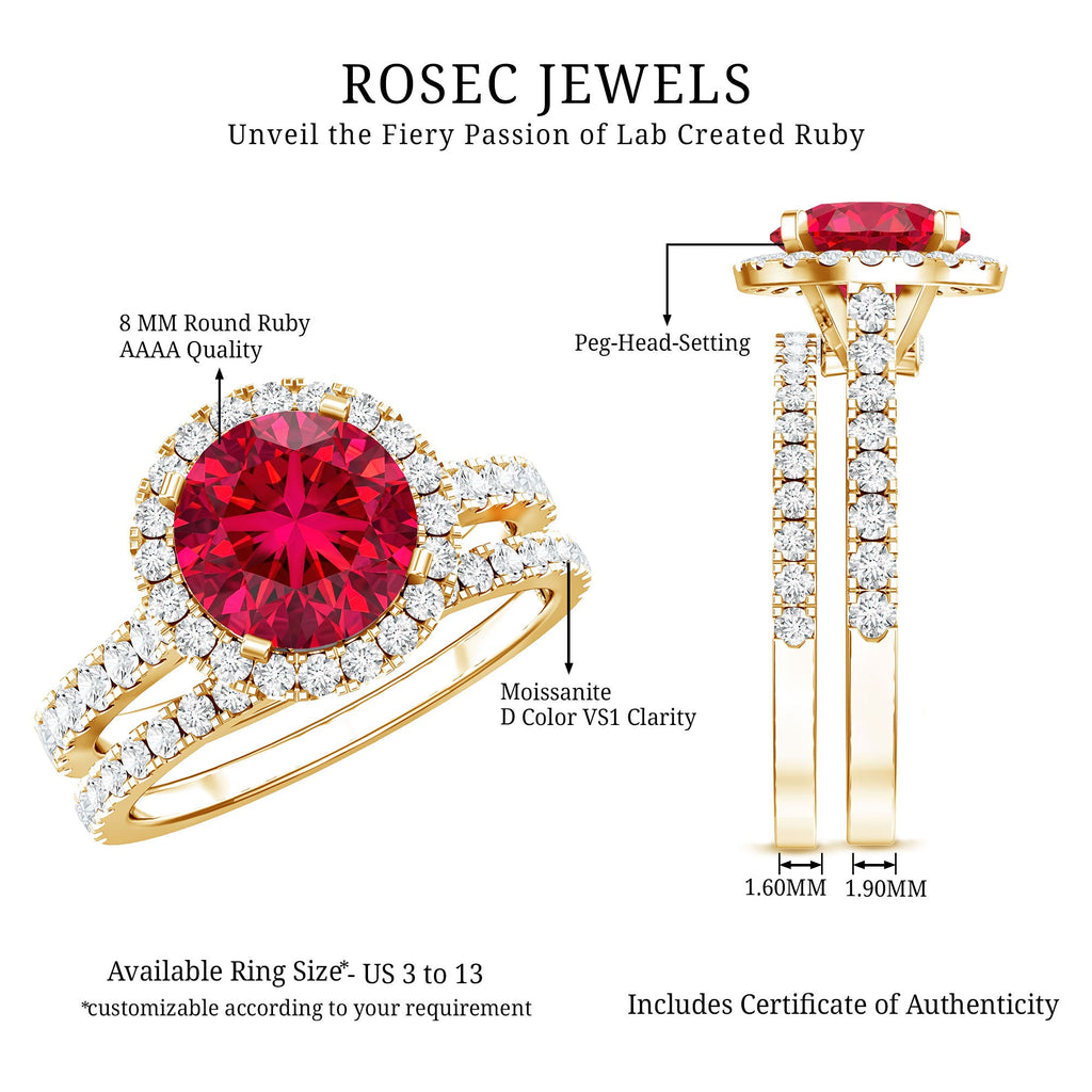 Lab Created Ruby Halo Wedding Ring Set with Moissanite
