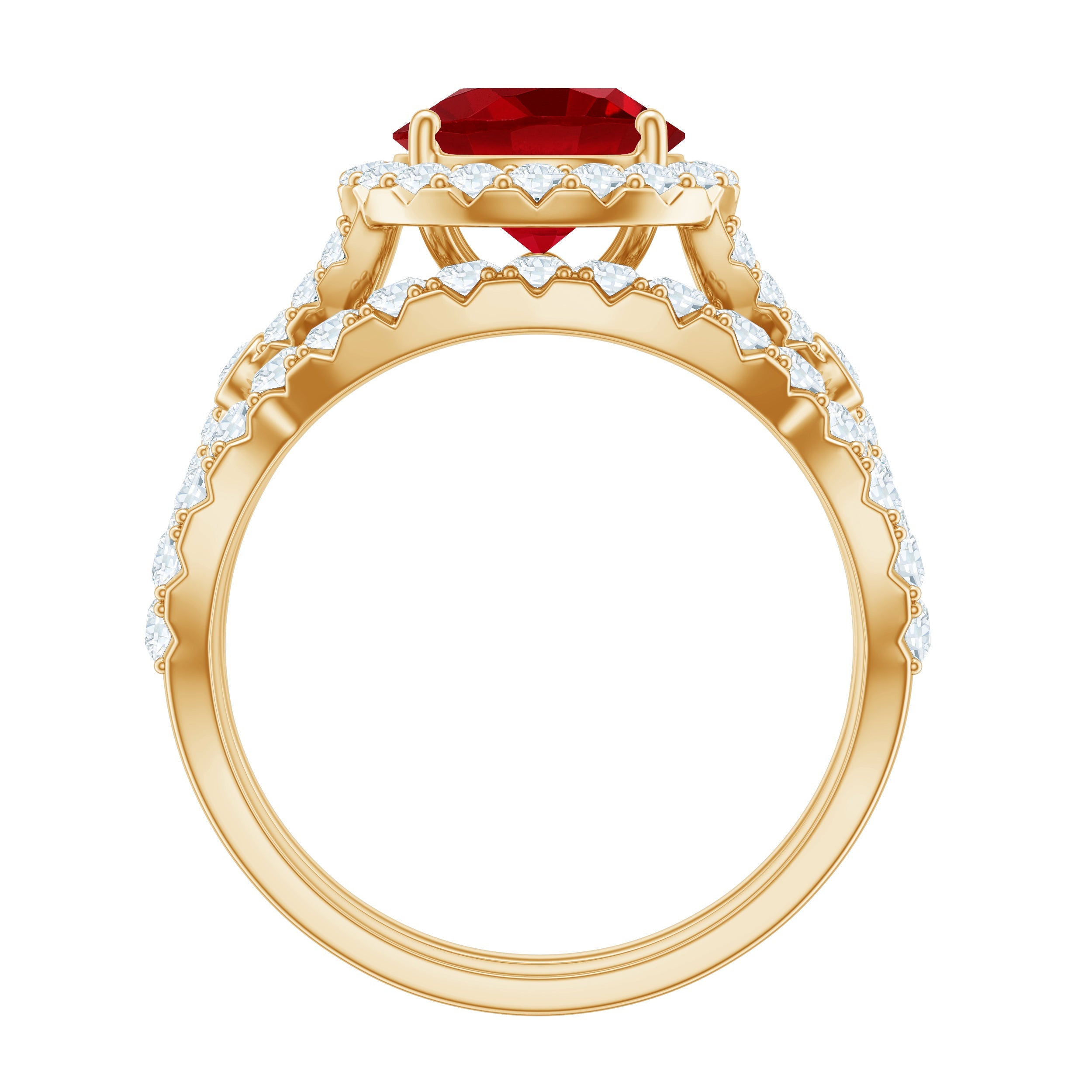 Round Cut Lab Created Ruby and Moissanite Bridal Ring Set