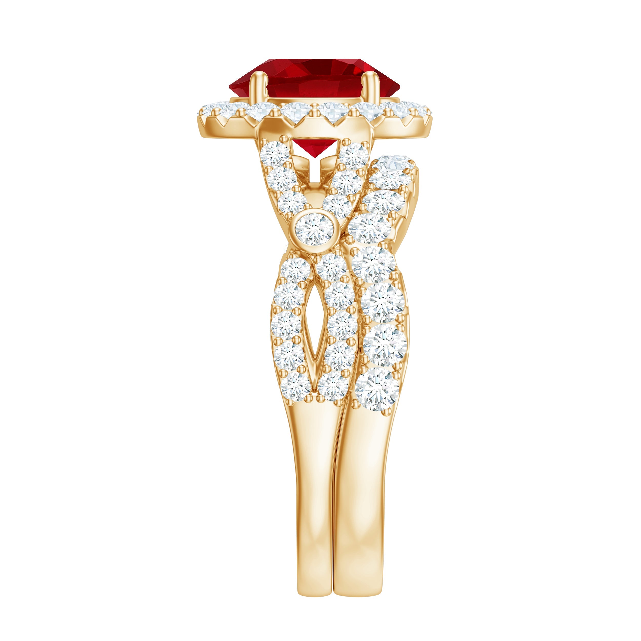 Round Cut Lab Created Ruby and Moissanite Bridal Ring Set