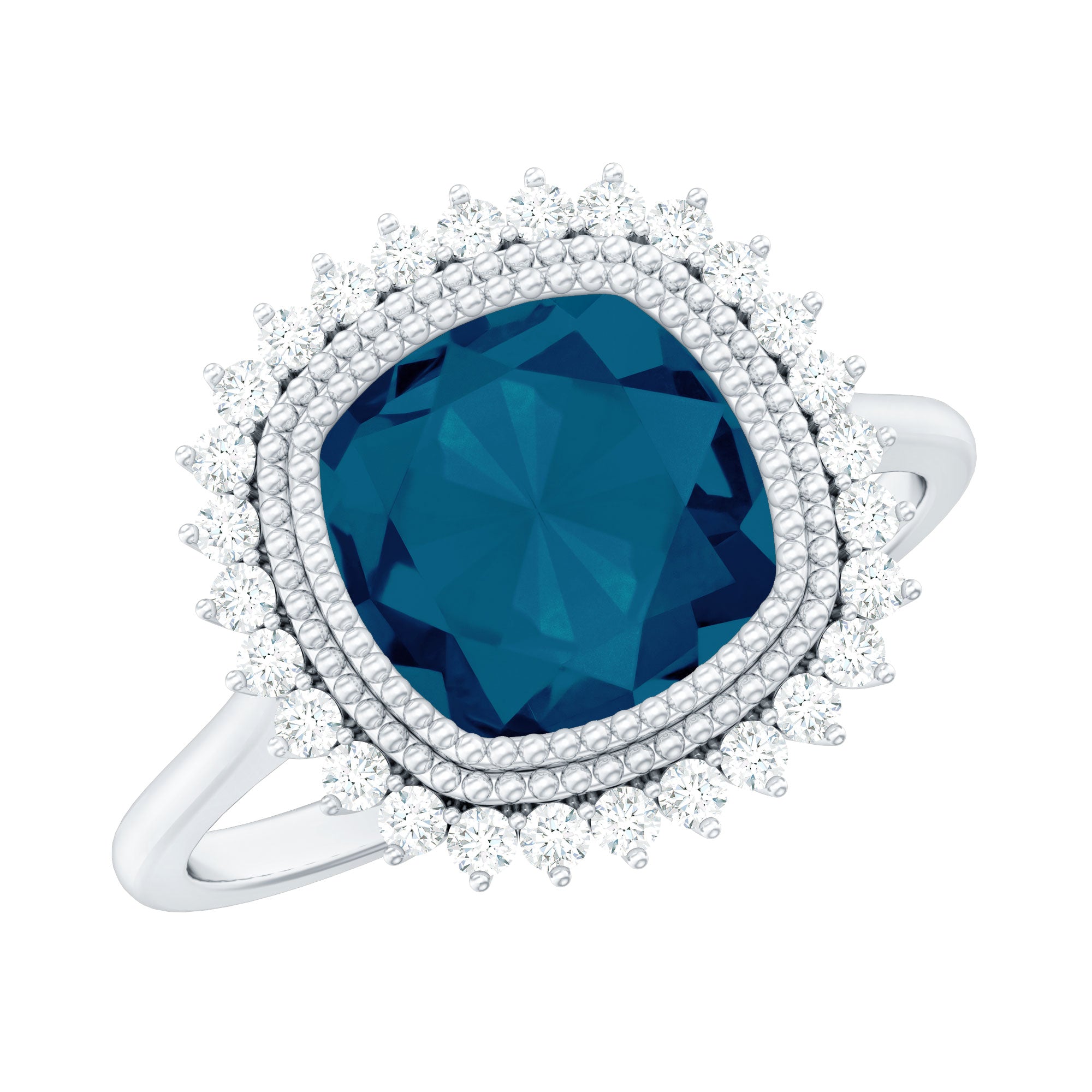 Cushion Cut Blue Topaz Statement Engagement Ring with Diamond Halo
