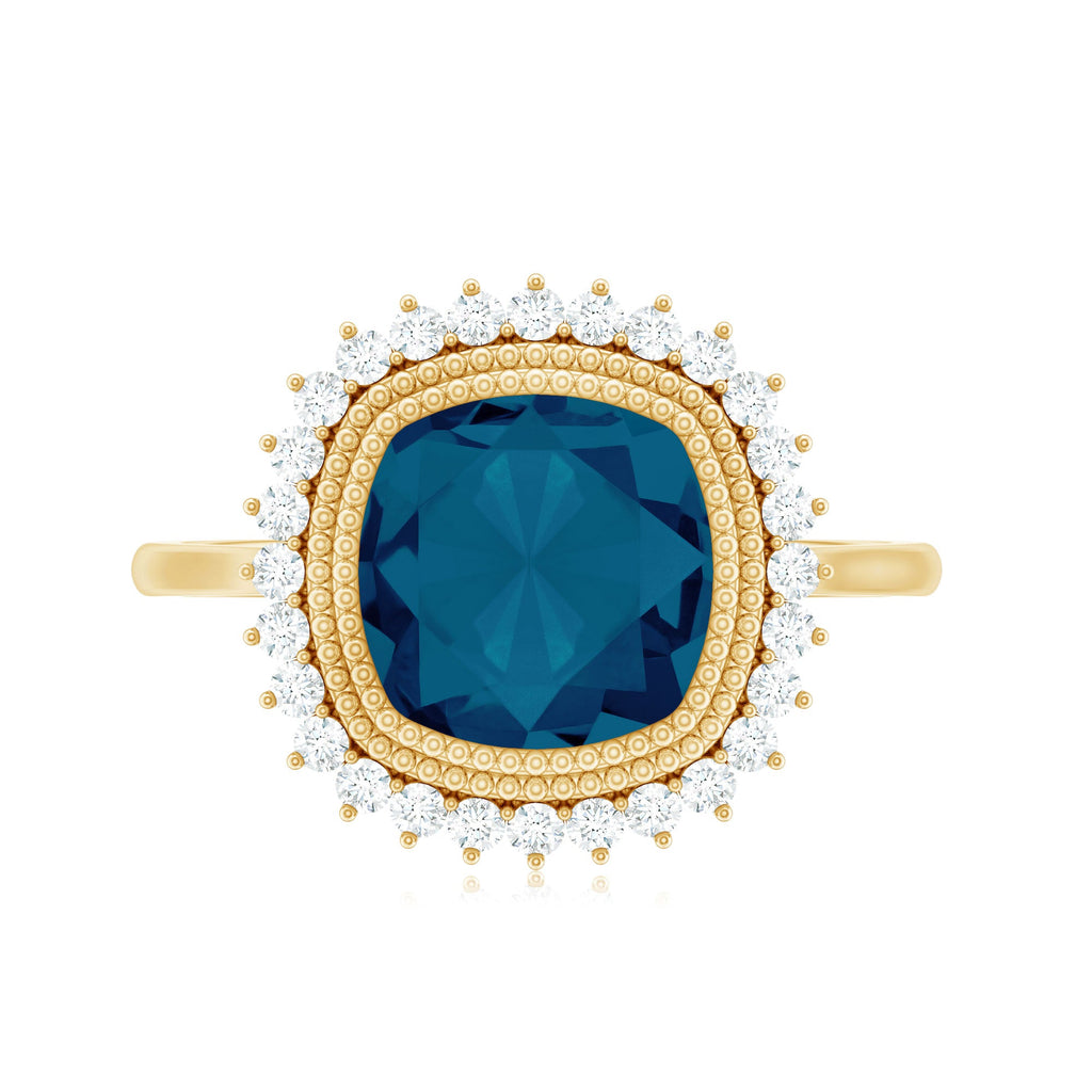 Cushion Cut Blue Topaz Statement Engagement Ring with Diamond Halo