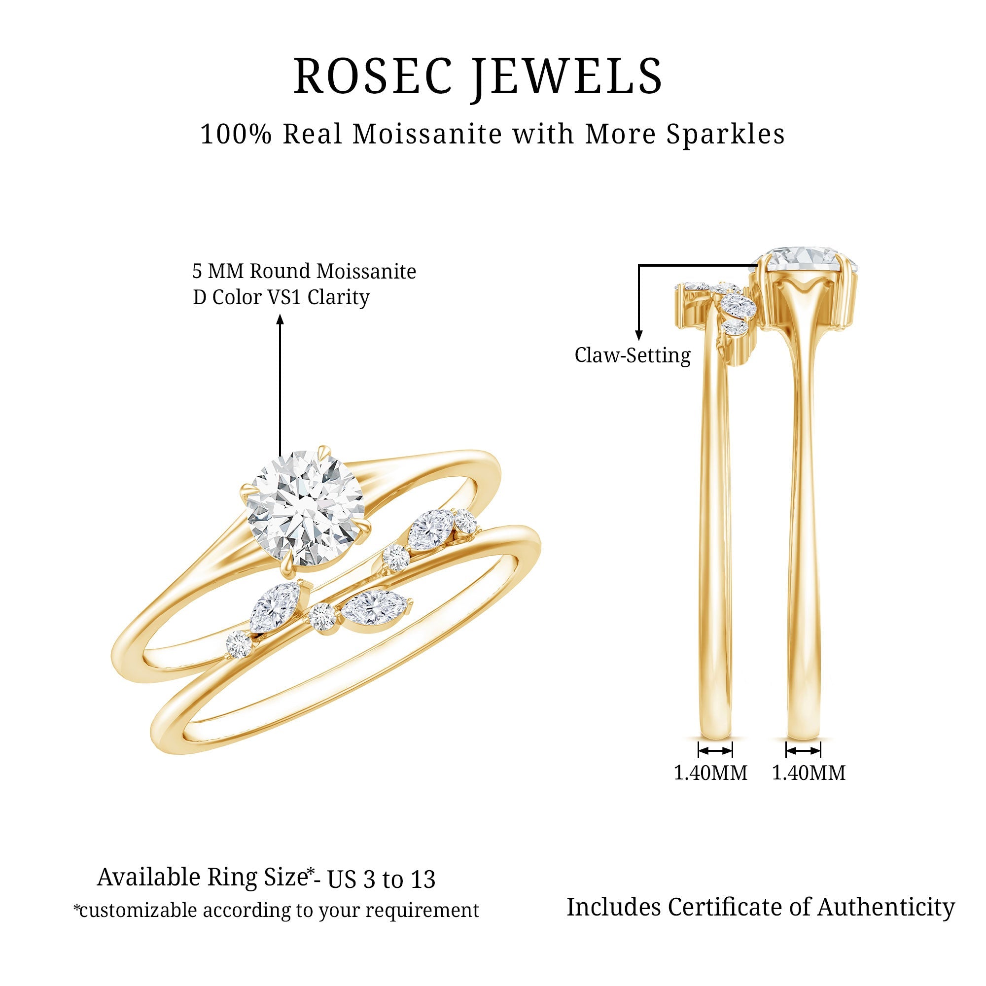 Certified Round Moissanite Modern Wedding Ring Set