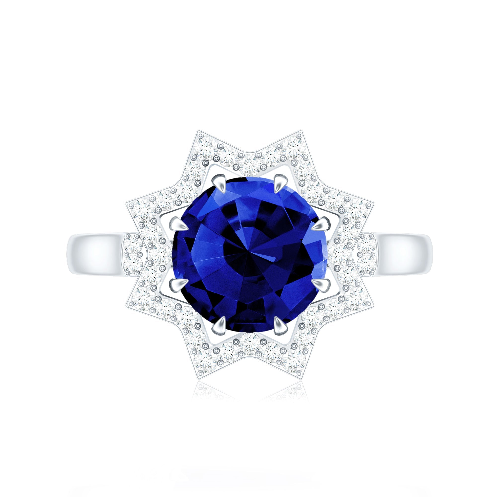 Certified 2.7 Carat Lab Grown Blue Sapphire Engagement Ring with Diamond Star Halo