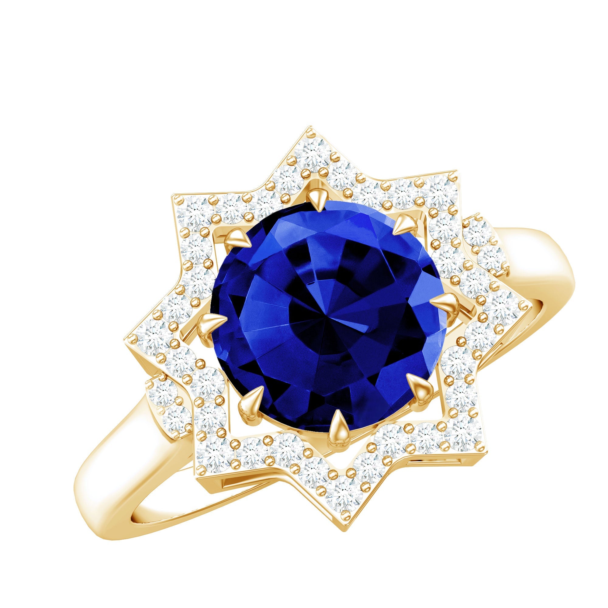 Certified 2.7 Carat Lab Grown Blue Sapphire Engagement Ring with Diamond Star Halo