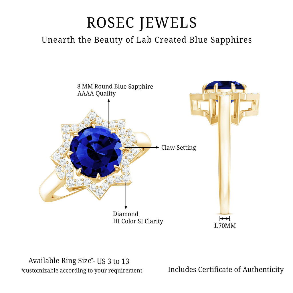 Certified 2.7 Carat Lab Grown Blue Sapphire Engagement Ring with Diamond Star Halo