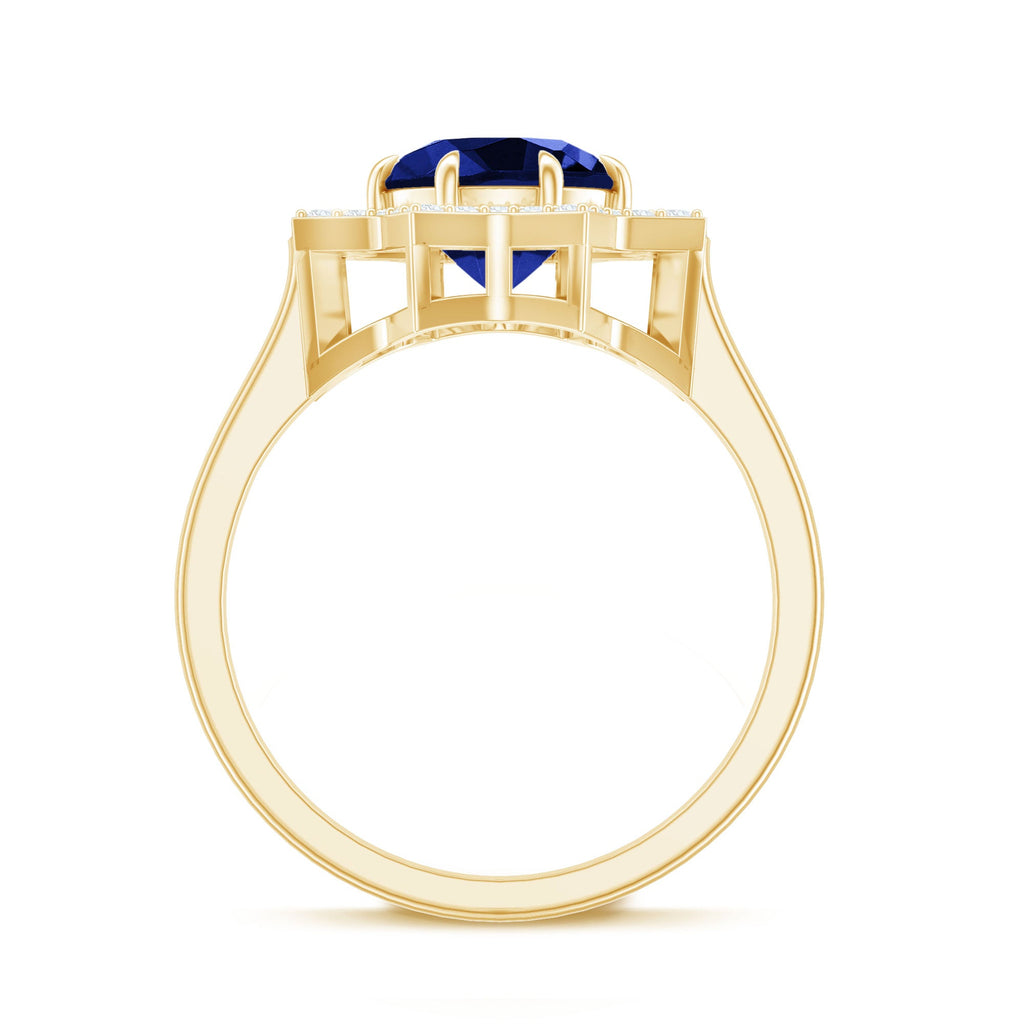 Certified 2.7 Carat Lab Grown Blue Sapphire Engagement Ring with Diamond Star Halo