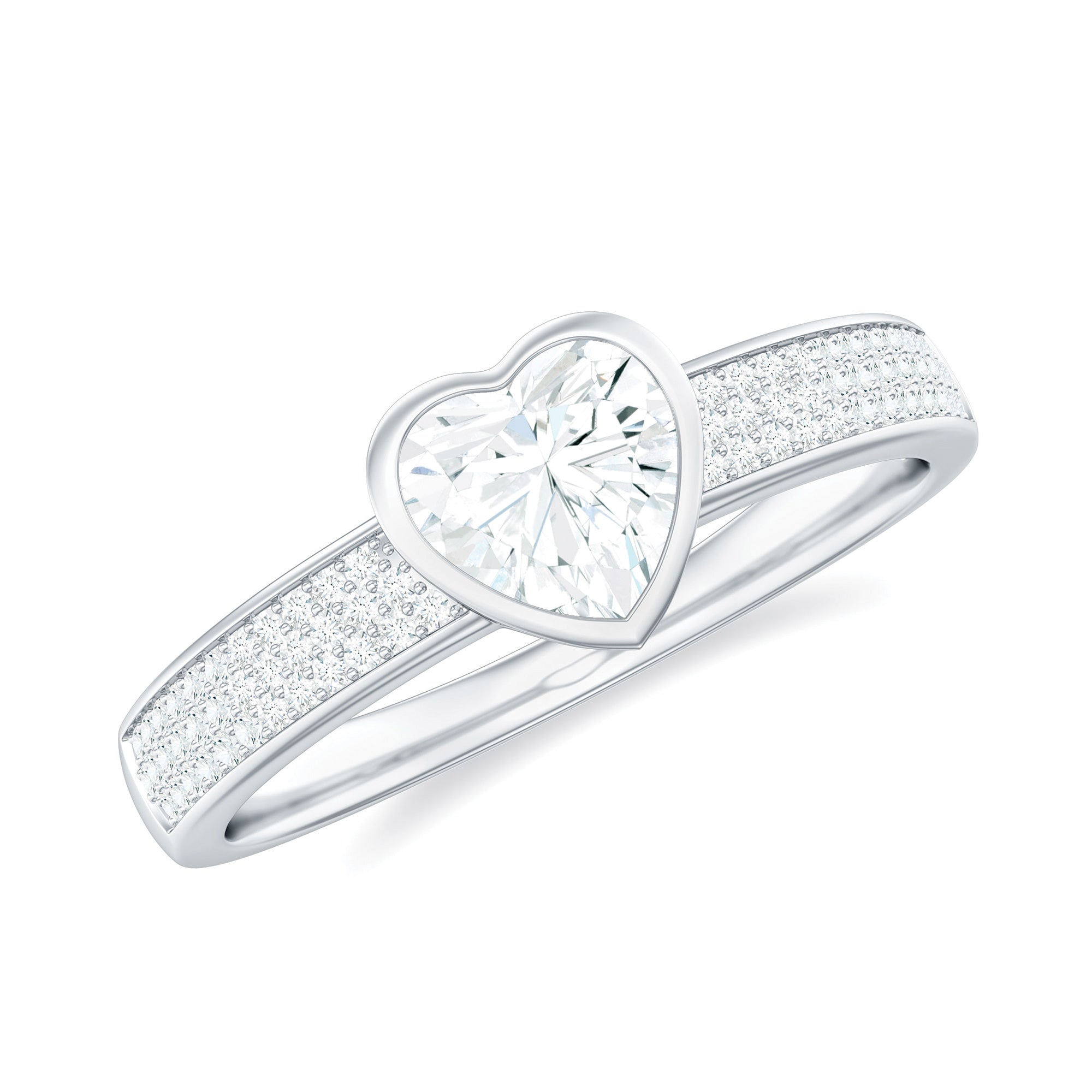 Bezel Set Moissanite Heart Shaped Engagement Ring with Side Stones