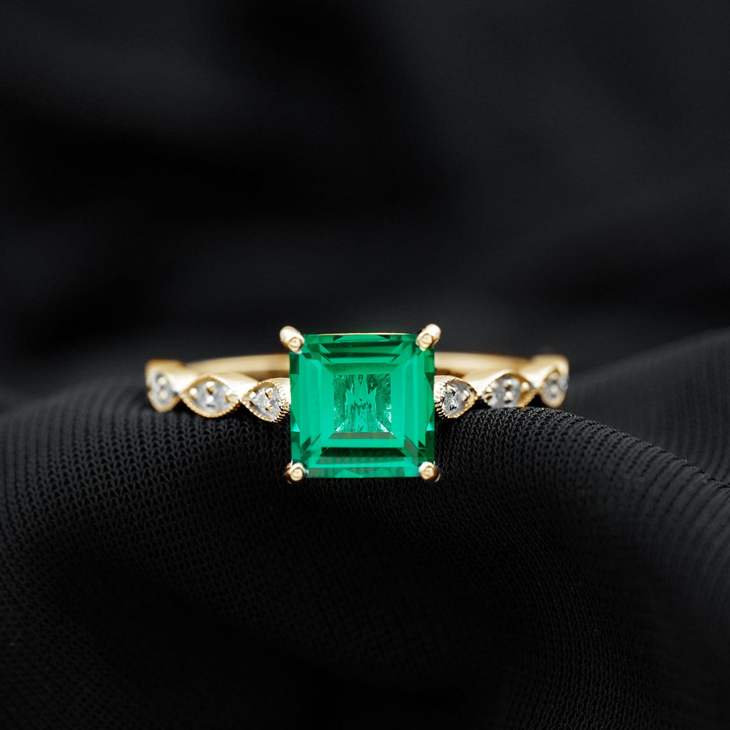 Certified 2.4 Carat Lab Grown Emerald Princess Cut Engagement Ring With Diamonds