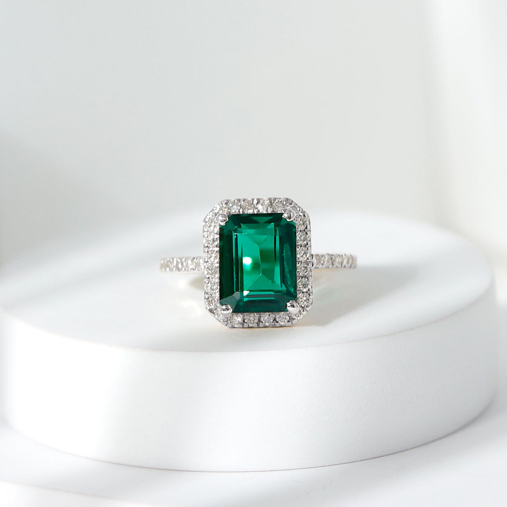 Octagon Cut Lab Grown Emerald Engagement Ring with Diamond