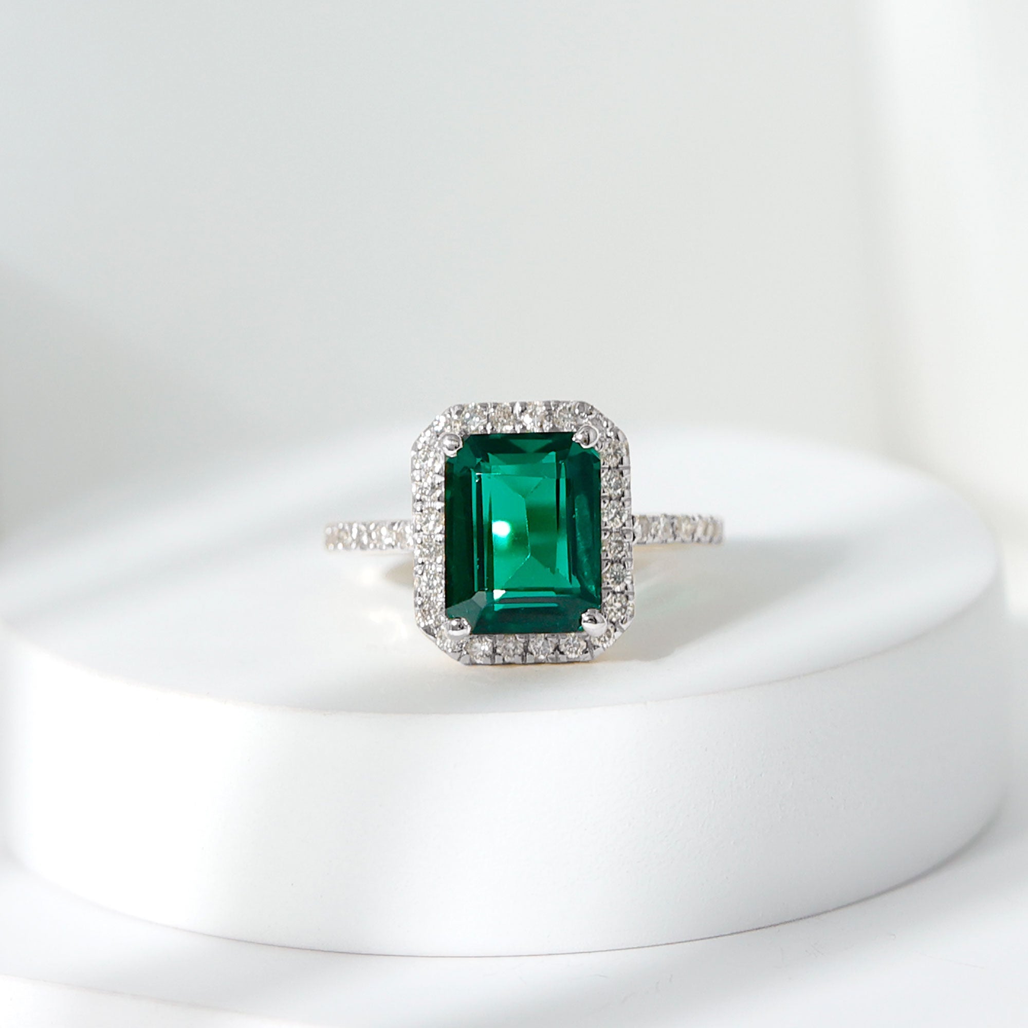Octagon Cut Lab Grown Emerald Engagement Ring with Diamond
