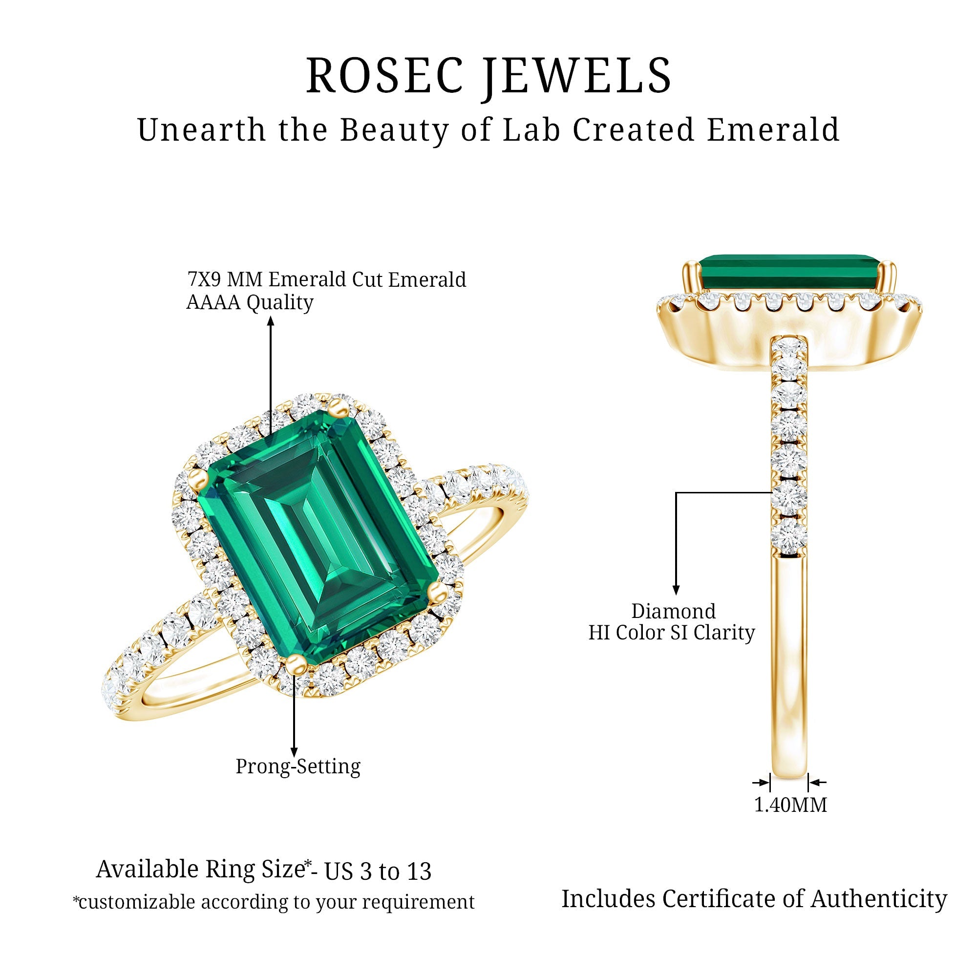 Octagon Cut Lab Grown Emerald Engagement Ring with Diamond