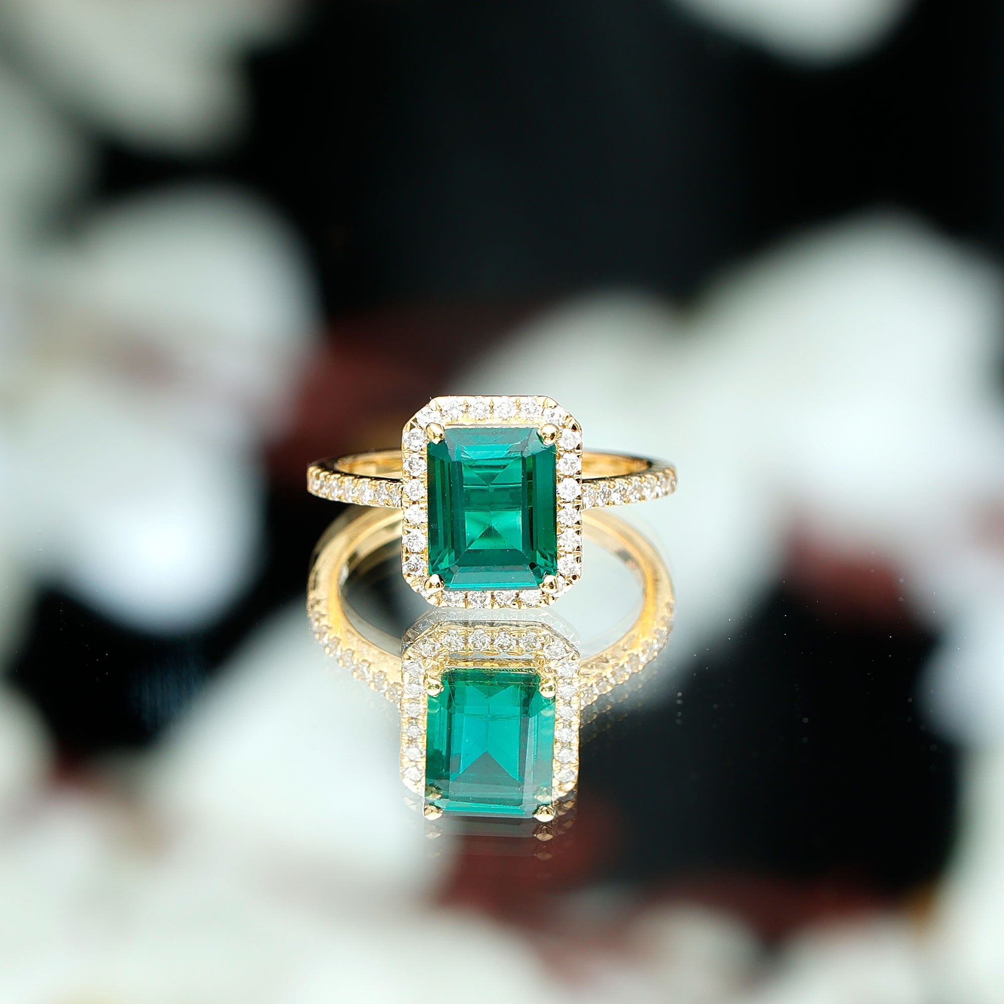 Octagon Cut Lab Grown Emerald Engagement Ring with Diamond