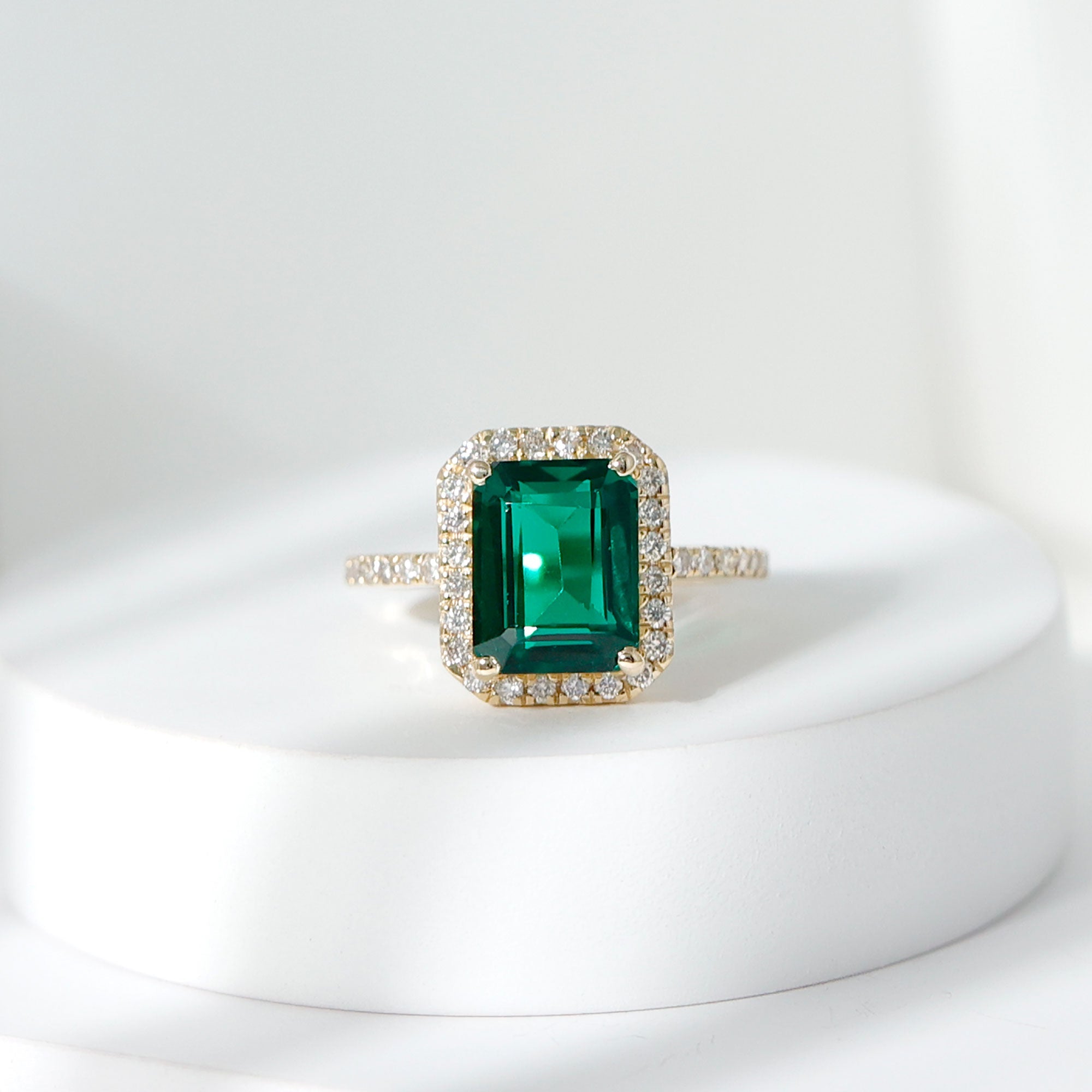 Octagon Cut Lab Grown Emerald Engagement Ring with Diamond