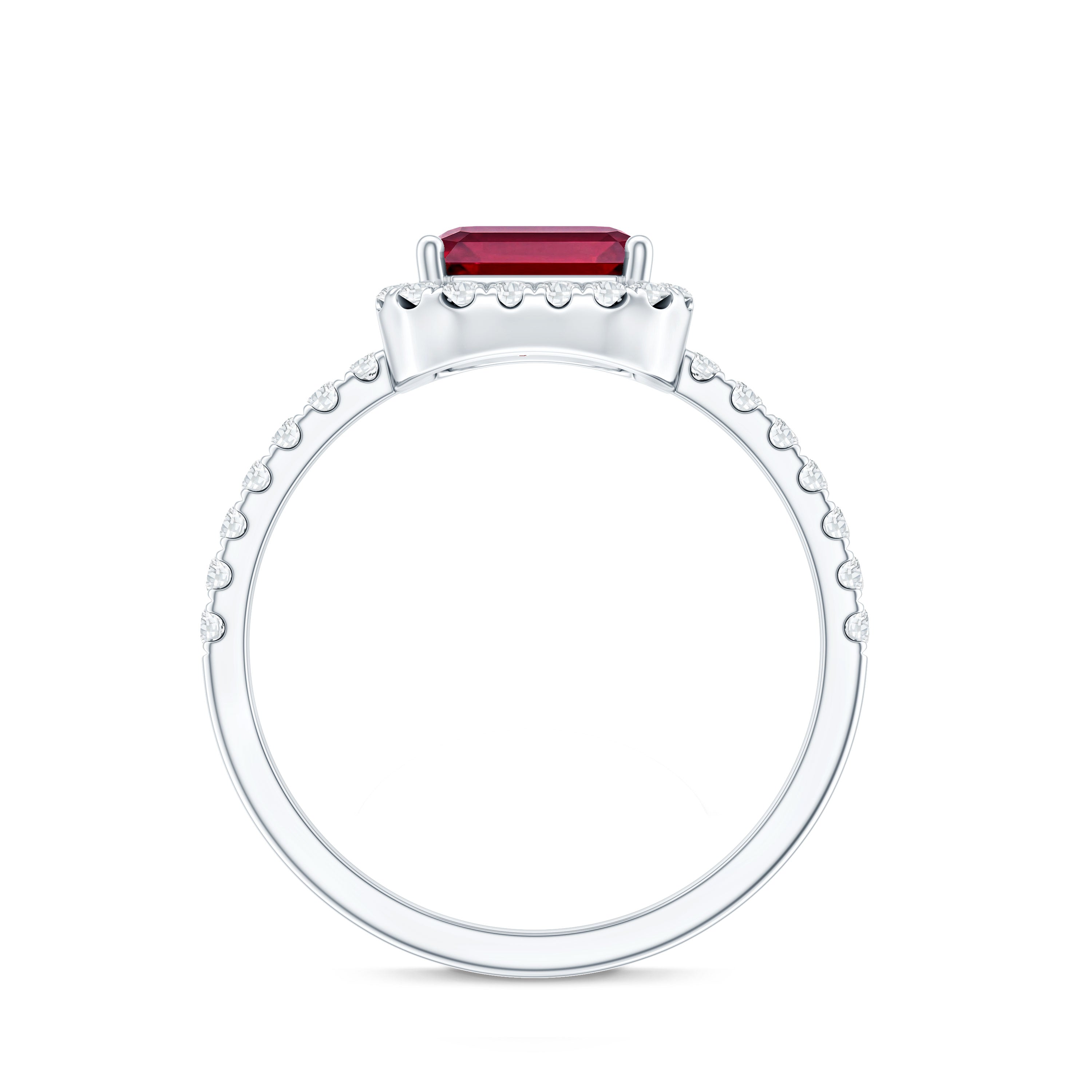 Lab Created Emerald Cut Ruby Engagement Ring with Diamond Halo