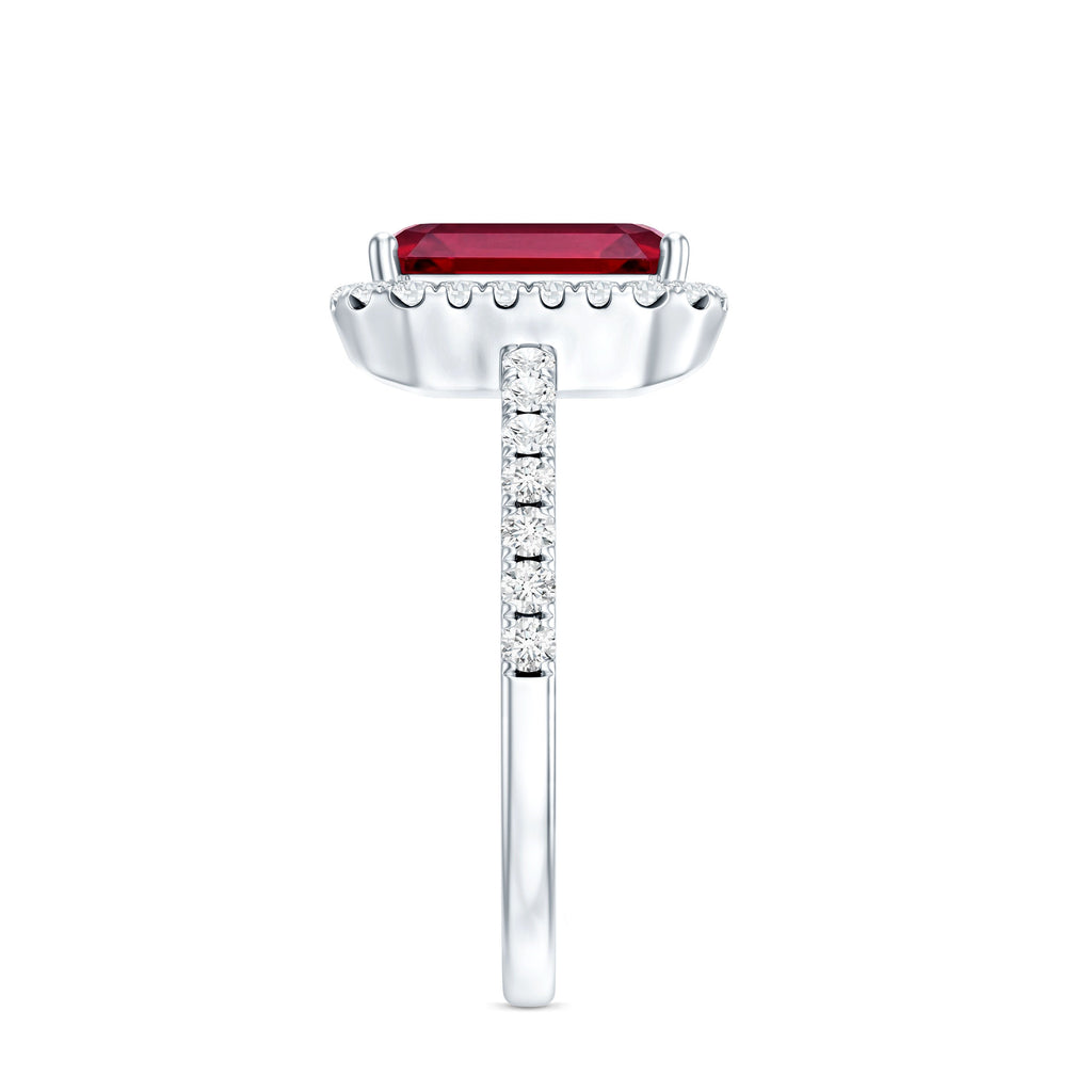 Lab Created Emerald Cut Ruby Engagement Ring with Diamond Halo