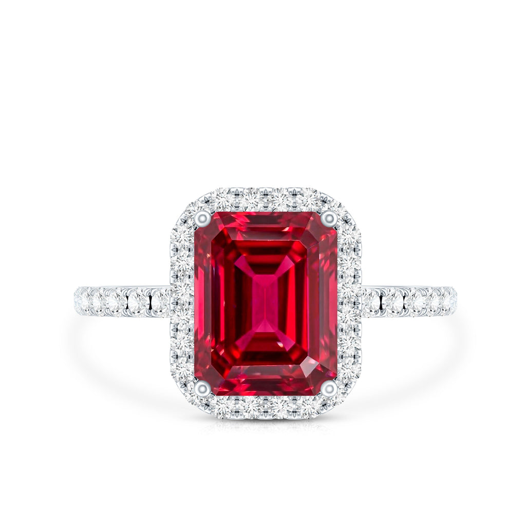 Lab Created Emerald Cut Ruby Engagement Ring with Diamond Halo