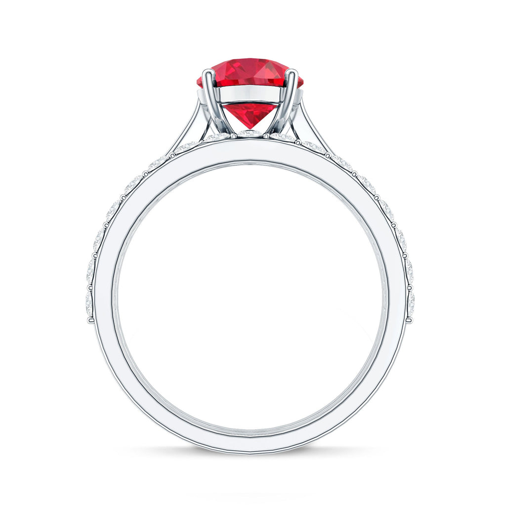 Pear Shape Created Ruby Solitaire Wedding Ring Set with Moissanite