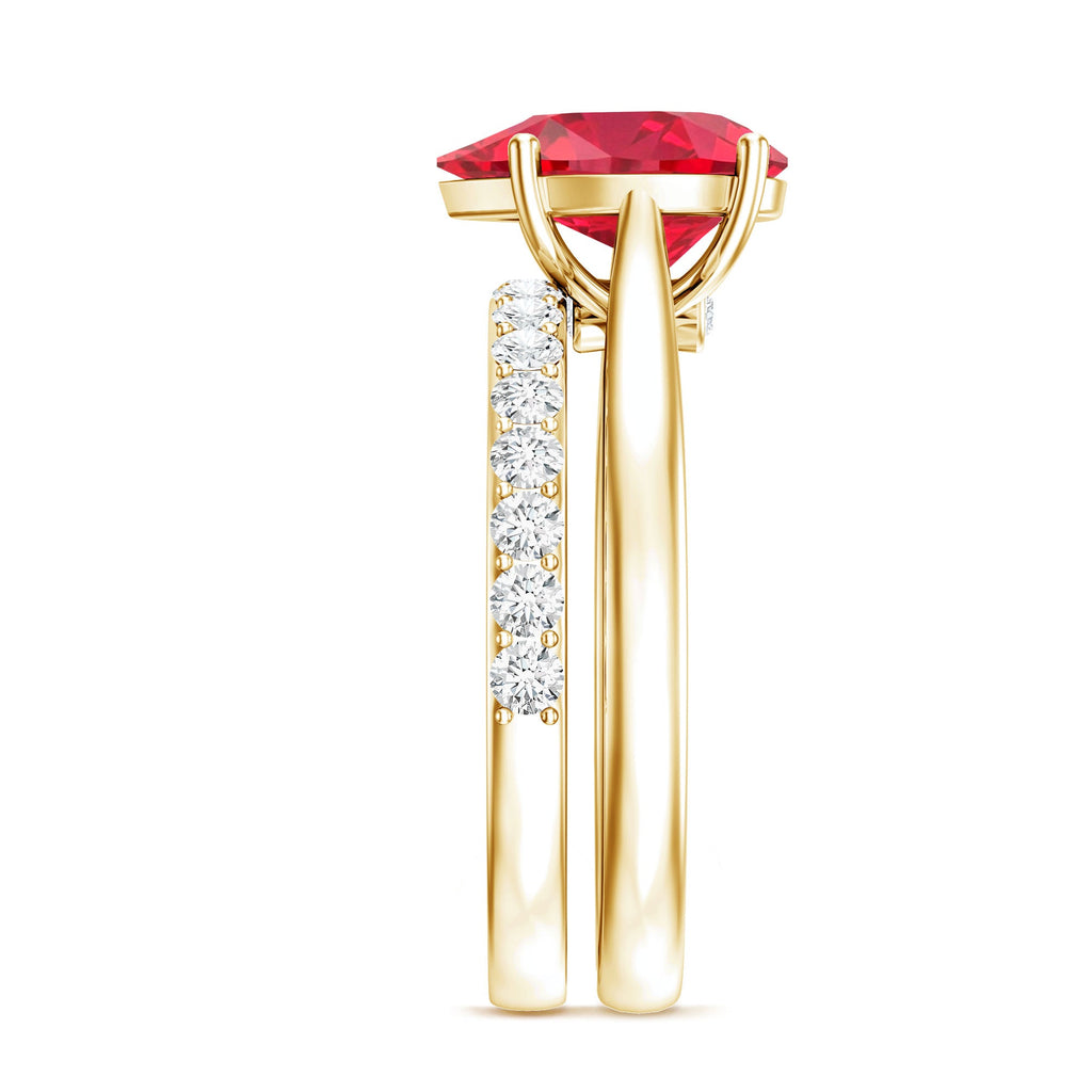 Pear Shape Created Ruby Solitaire Wedding Ring Set with Moissanite