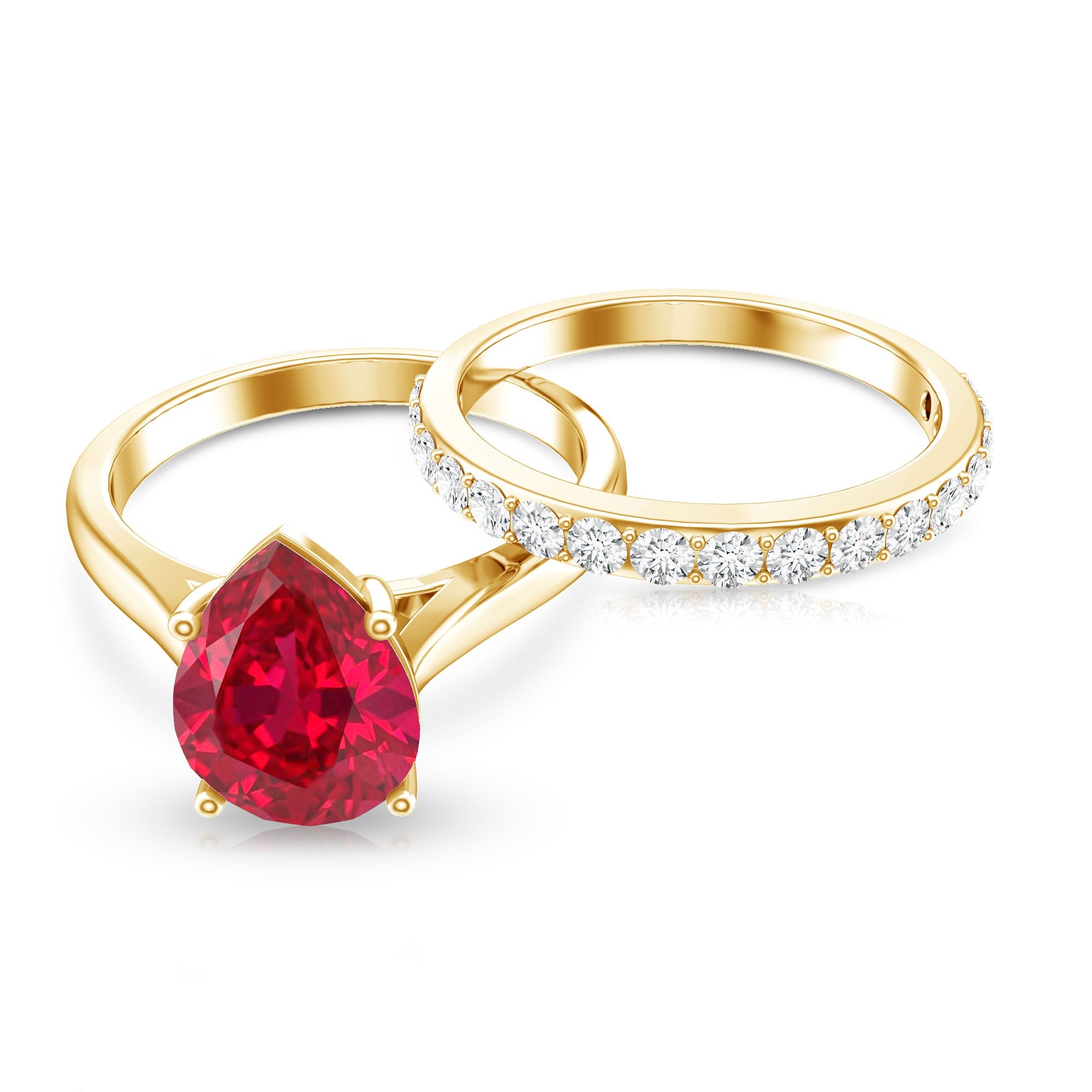 Pear Shape Created Ruby Solitaire Wedding Ring Set with Moissanite