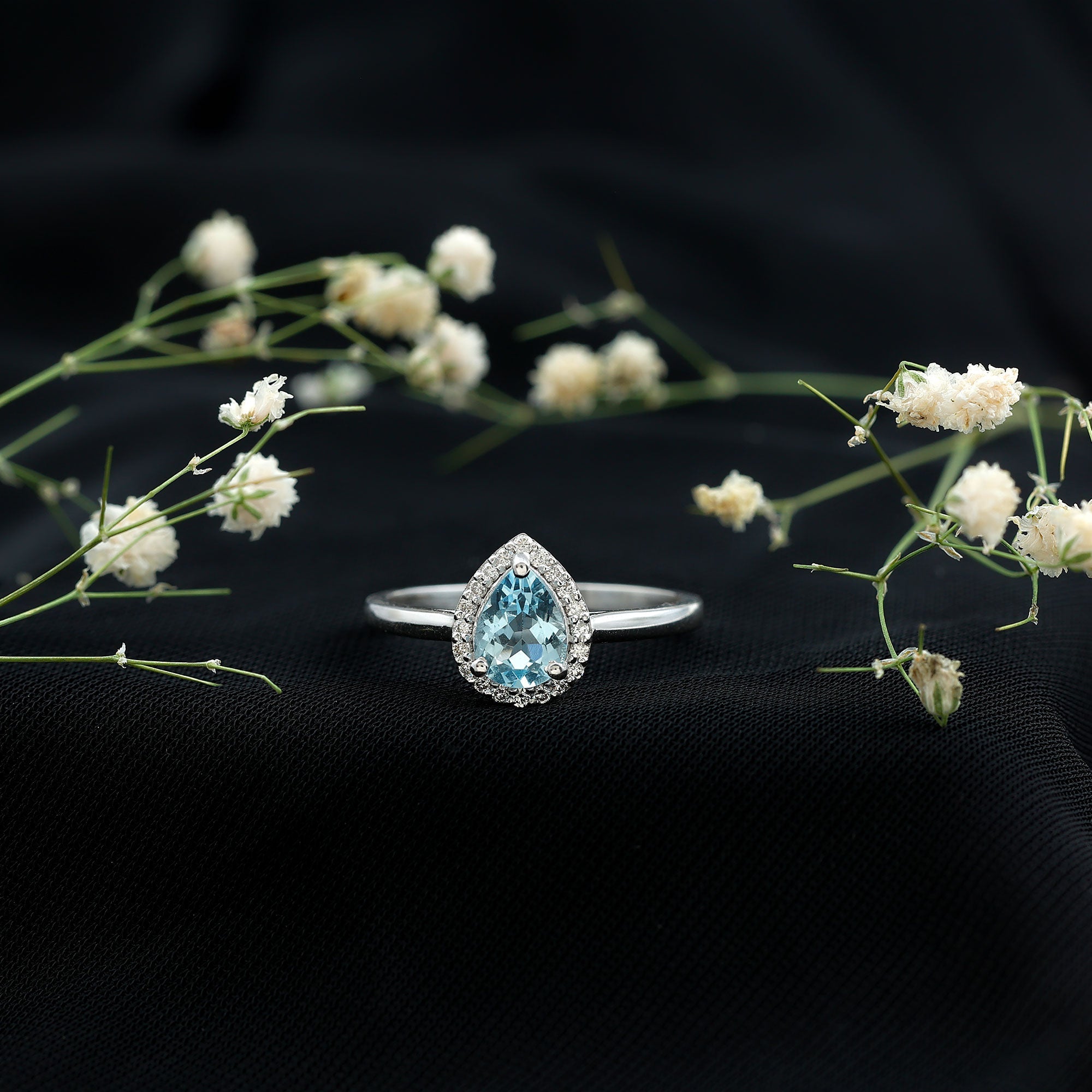 1 Carat Pear Cut Aquamarine Engagement Ring with Diamond Halo