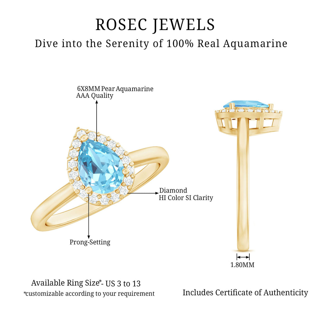 1 Carat Pear Cut Aquamarine Engagement Ring with Diamond Halo