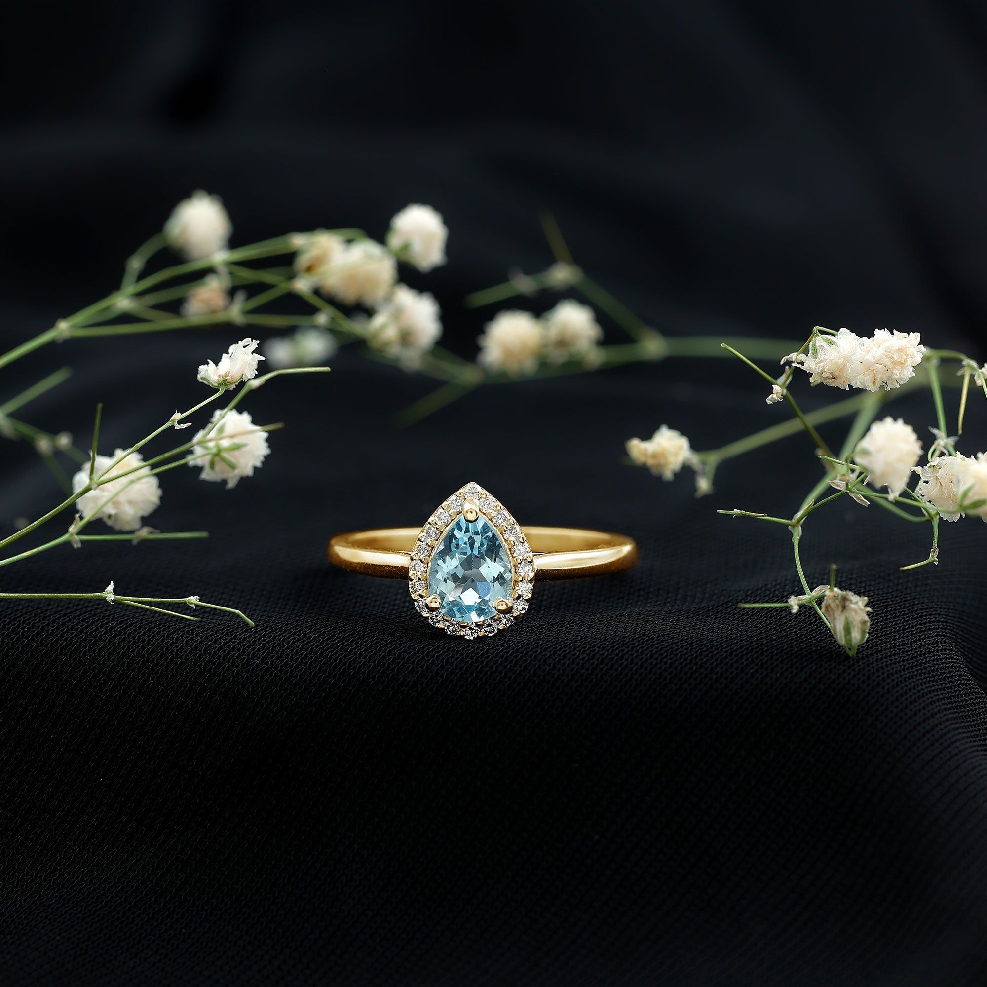 1 Carat Pear Cut Aquamarine Engagement Ring with Diamond Halo