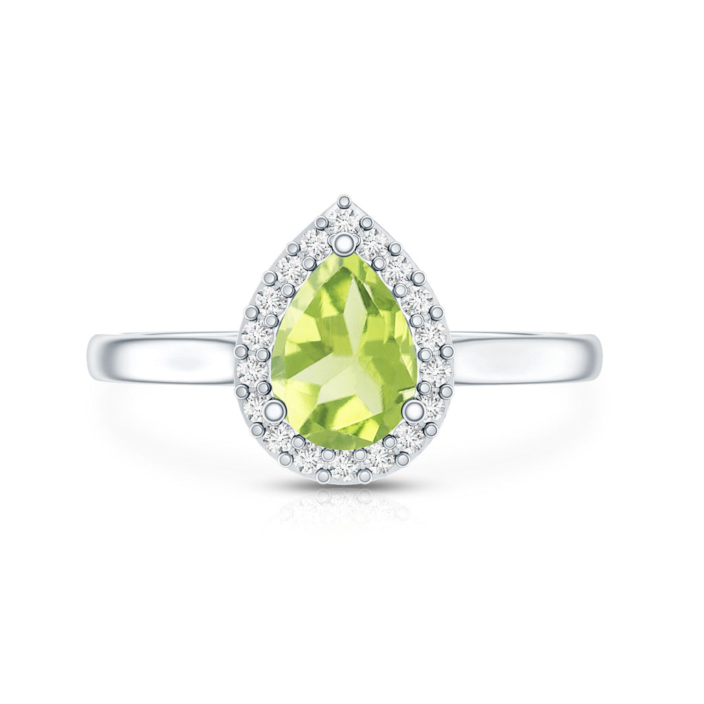 Real 1 Carat Peridot Teardrop Engagement Ring with Diamond Halo