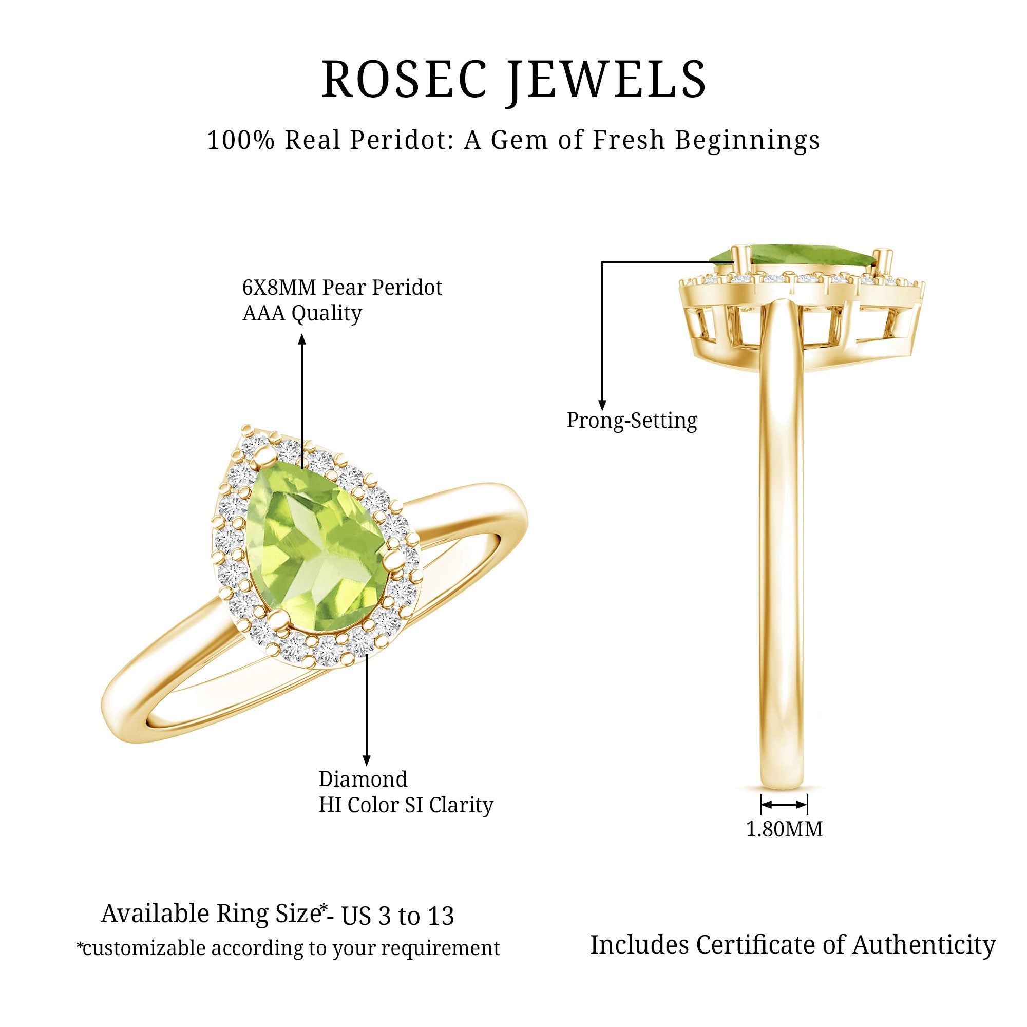 Real 1 Carat Peridot Teardrop Engagement Ring with Diamond Halo