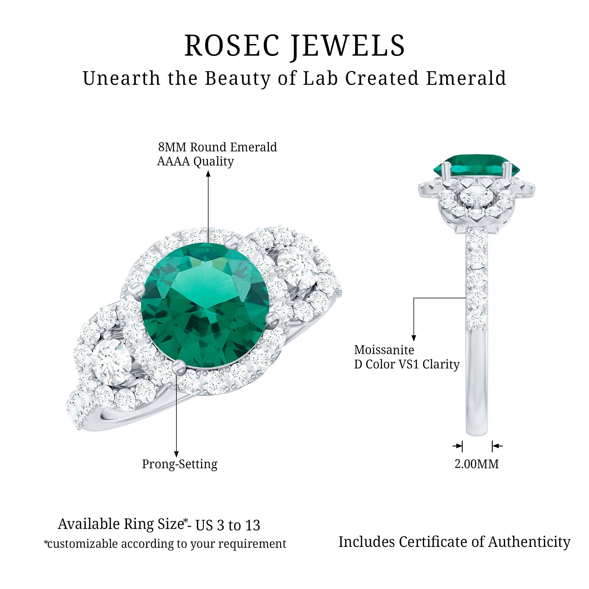 Certified 2 Carat Lab Grown Emerald Vintage Looking Engagement Ring with Moissanite