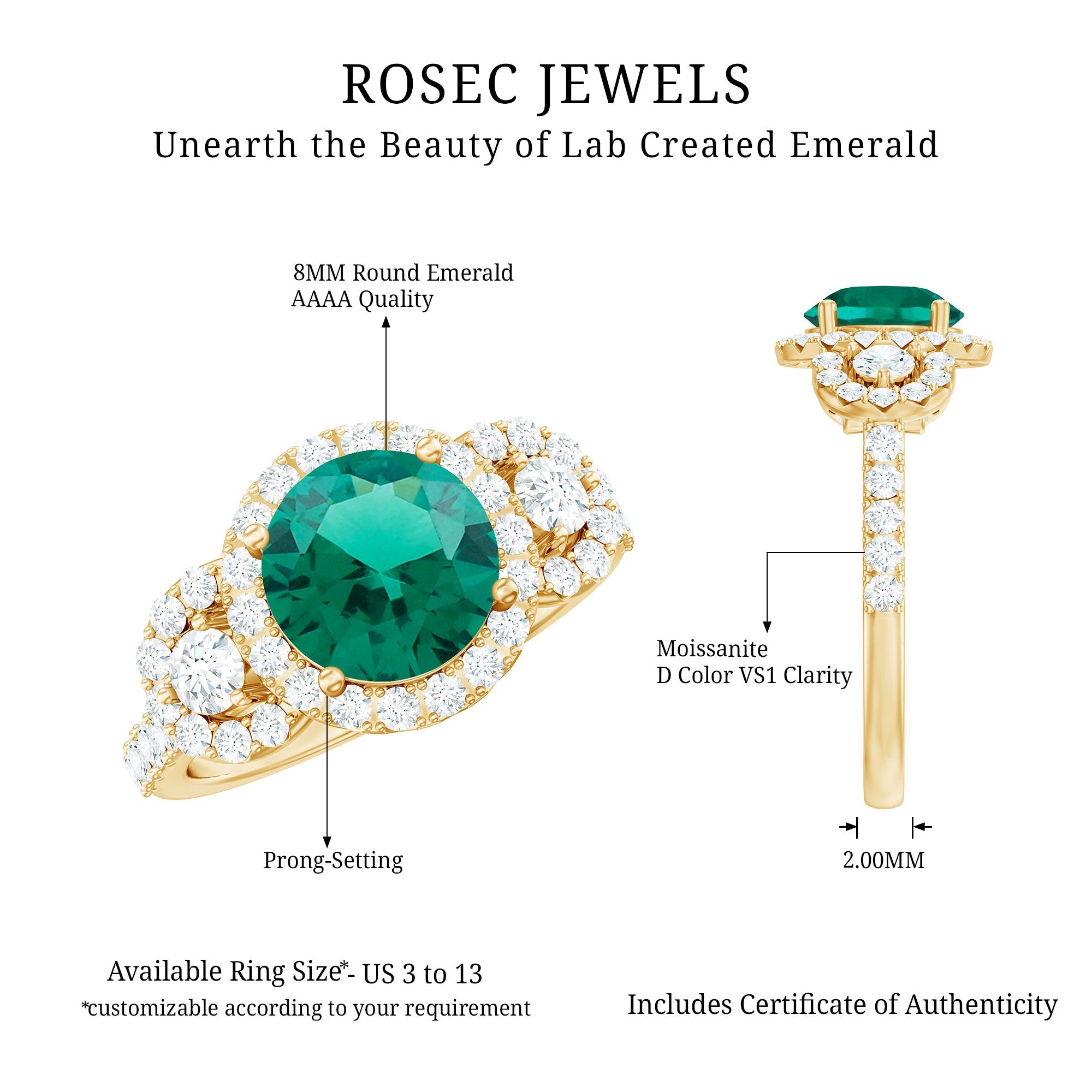 Certified 2 Carat Lab Grown Emerald Vintage Looking Engagement Ring with Moissanite