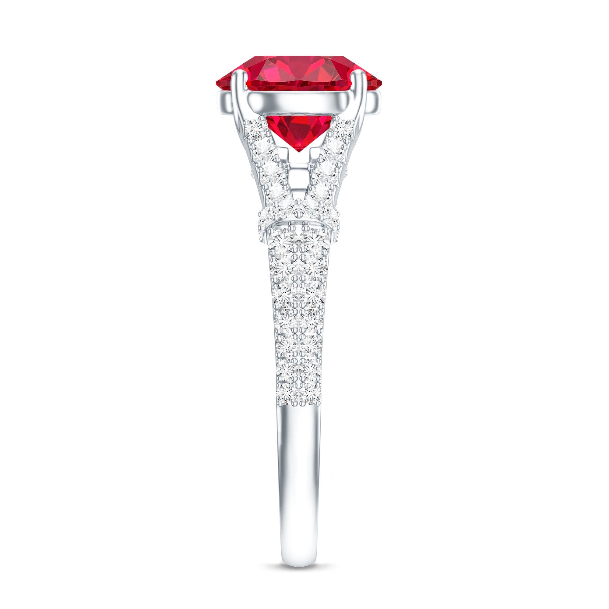 Lab Created Ruby and Diamond Split Shank Engagement Ring