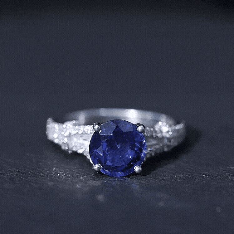 Certified 2.7 Carat Lab Grown Blue Sapphire Engagement Ring with Diamond Split Shank