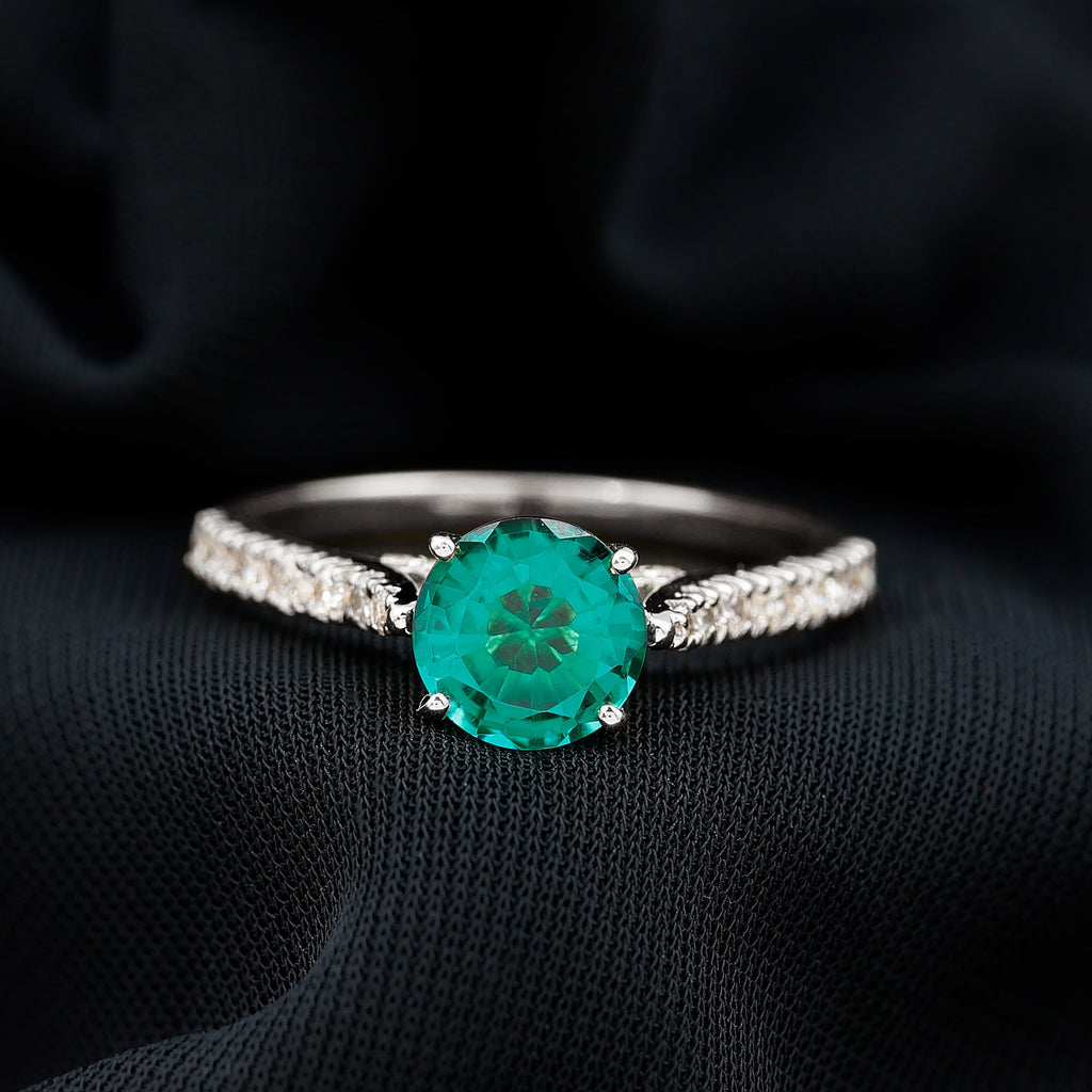 Lab Created Emerald Solitaire Engagement Ring with Diamond Side Stones