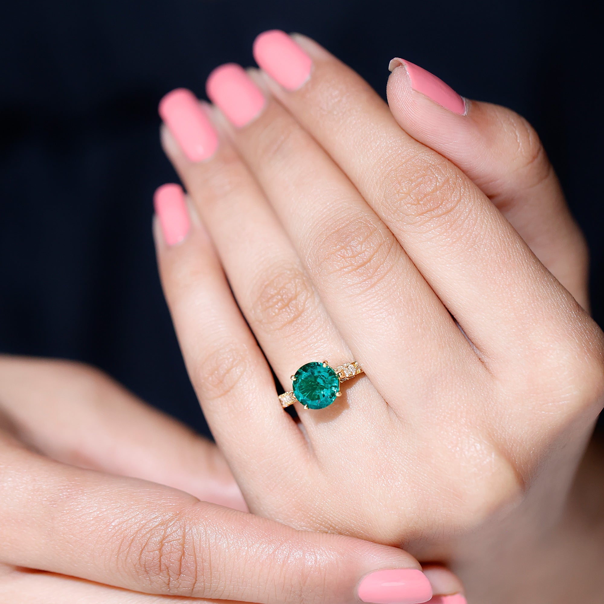 Lab Created Emerald Solitaire Engagement Ring with Diamond Side Stones
